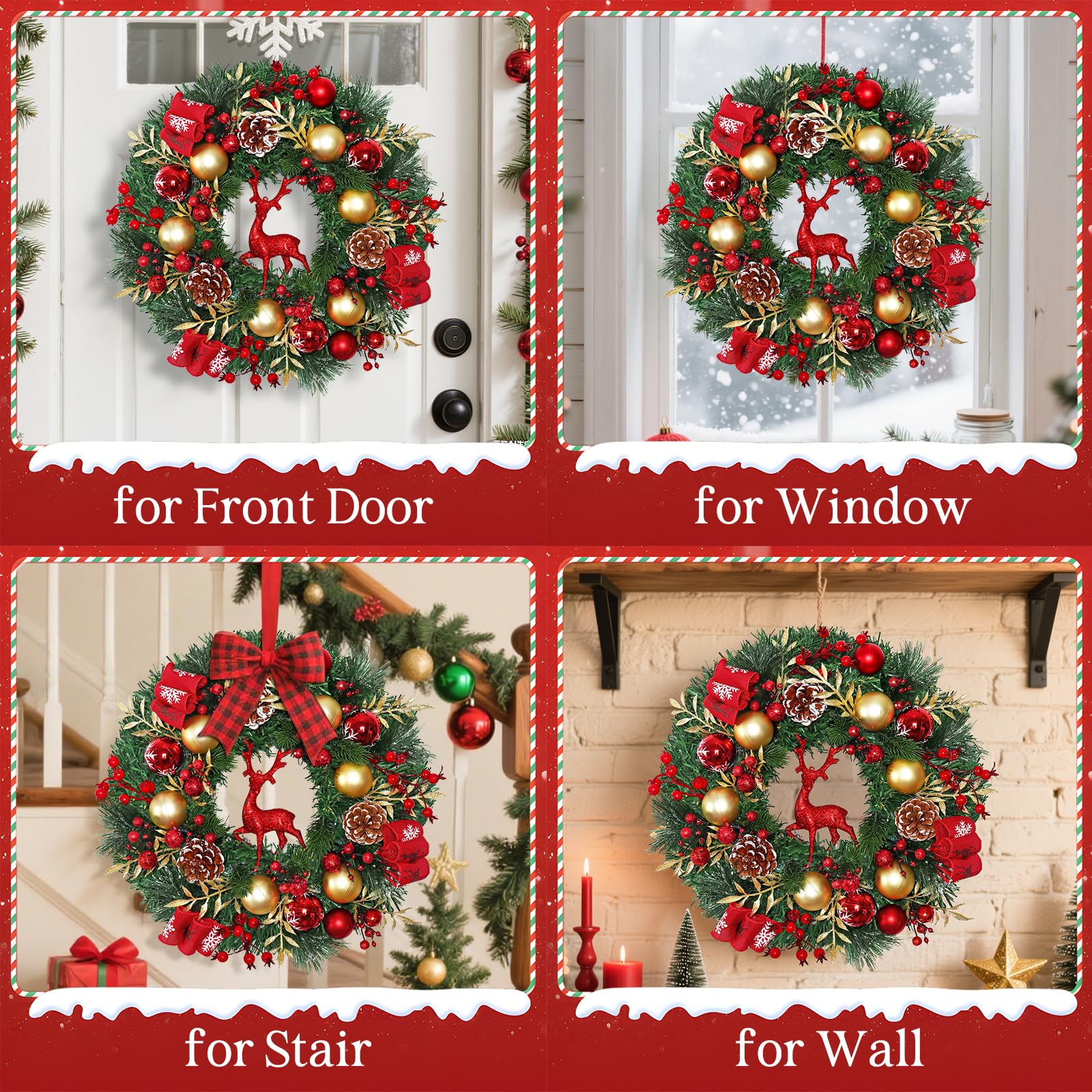 Dremisland Rot Rentier Weihnachtskranz für Haustür 44cm Künstliche Tannenkranz Adventskranz Türkranz Weihnachten Außen Ball Türschmuck Beerenhaufen Grün Weihnachtsdeko Innen Außen Wand Wohnkultur