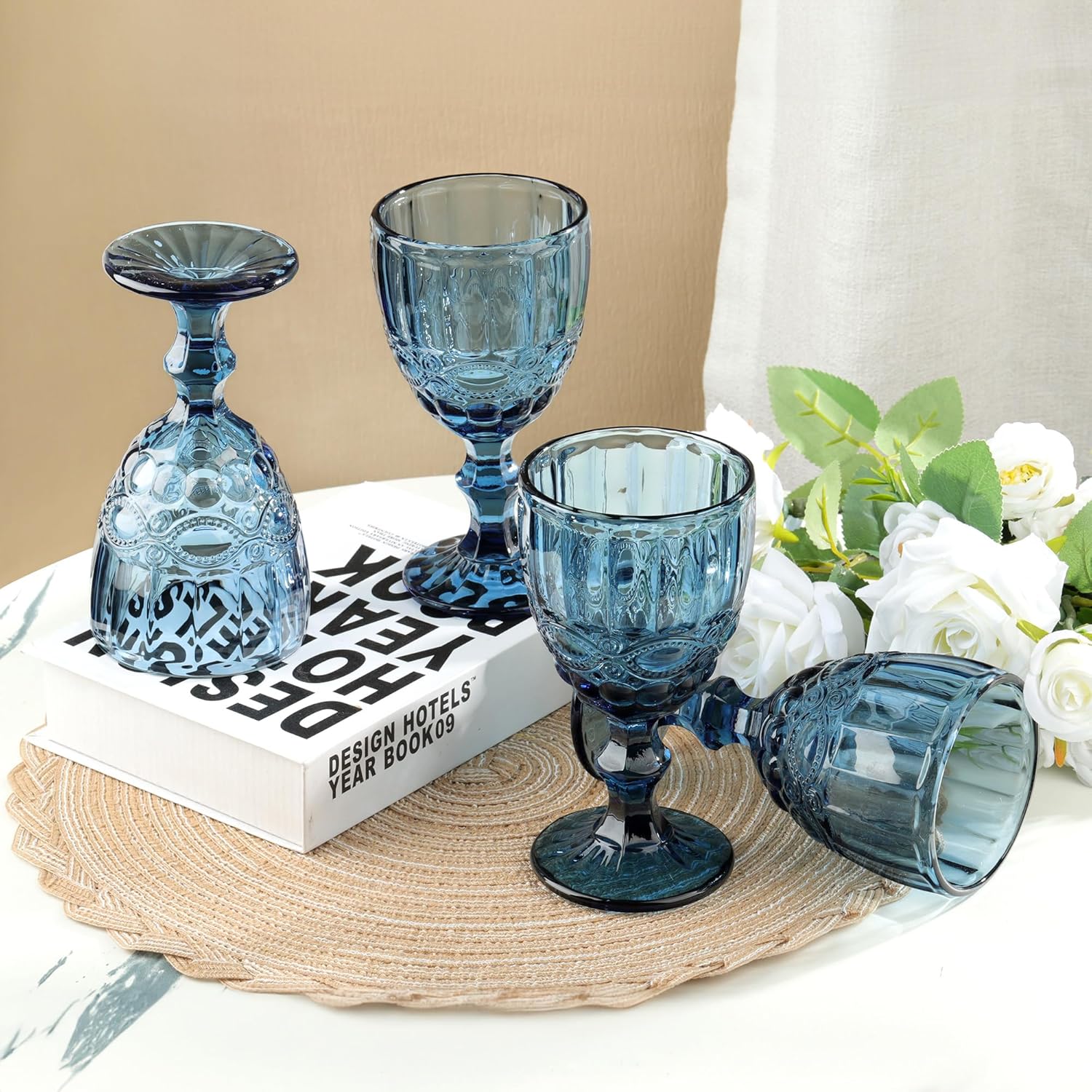 Joeyan Blue Vintage Wine Glasses,Clear Water Goblet Glasses,Stemmed Drinking Glasses with Embossed Pattern,Colored Glassware Set for Wedding Party Banquet Feast,10 oz,Set of 4,Dishwasher Safe - Image 3