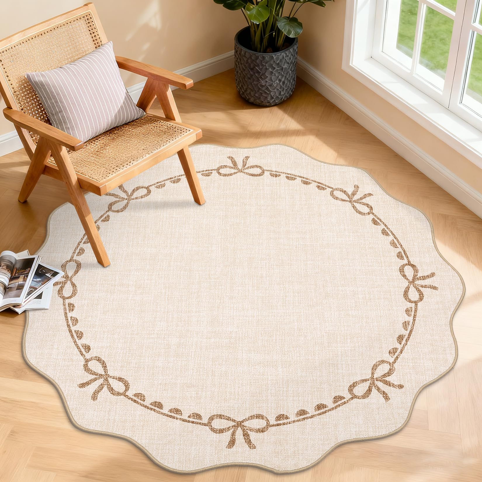 GarveeHome Scalloped Bow Rug for Living Room, 4ft Round Rugs Washable Solid Beige Rug for Dorm Soft Low Pile Non Slip Scalloped Rugs for Nursery