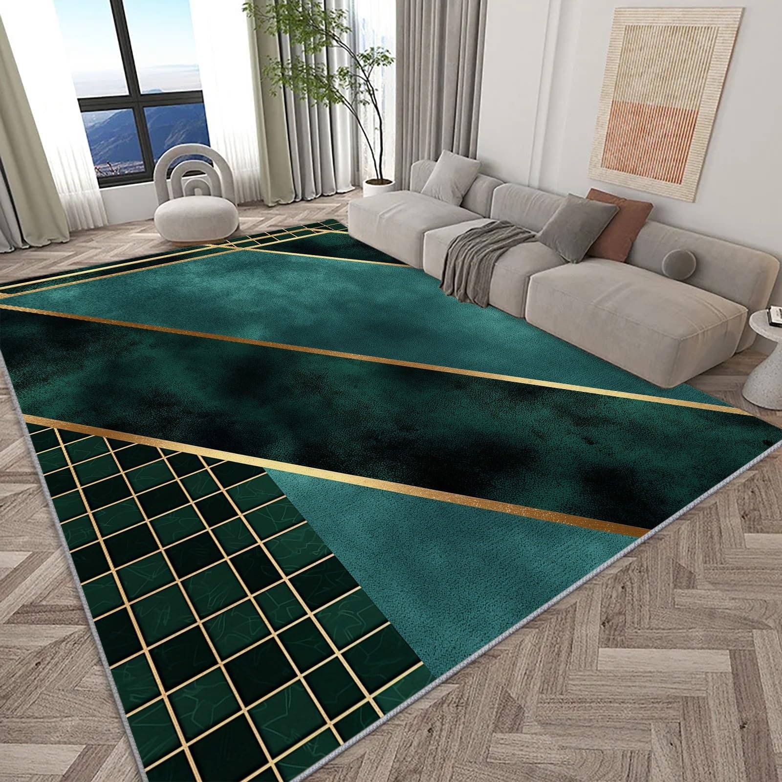 Teppich Grüne Geometrie 120x180 cm Wohnzimmer Teppich Schlafzimmer Teppich Modern Waschbarer Kurzflor Teppiche rutschfest Flauschig Weiche Teppiche