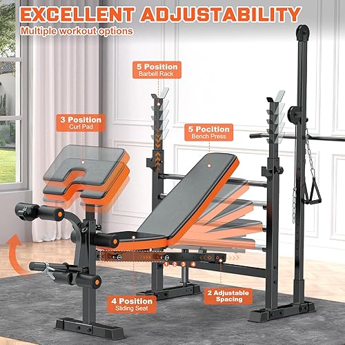 Vista 2 de Fostoy Juego de banco de pesas de 880 libras con tirador LAT, estante de prensa de banco con extensión de pierna/rizo y rizo de predicador, bancos
