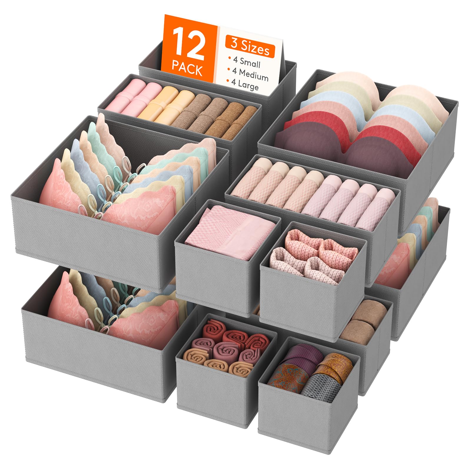 Lifewit 12 Pack Drawer Organizer, Dresser Underwear Drawer Organizer Bins, Foldable Fabric Closet Organizers, Storage Drawer Dividers, Dorm Room Essentials for Clothing, Socks, Towels, Ties Light Gray