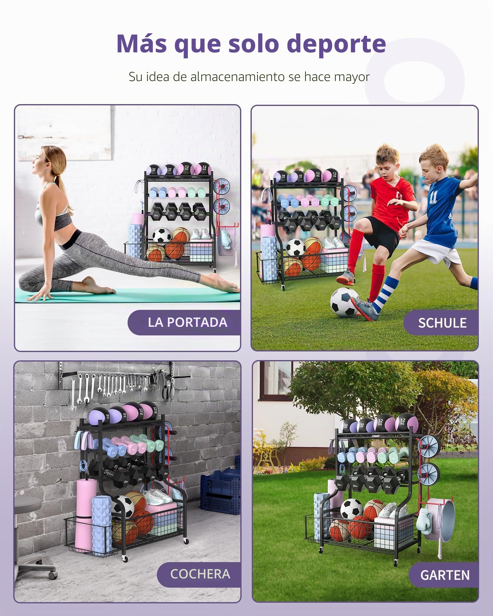 Yoga Matte Hantelablage - Dumbbells Regal für Home Gym mit 4 Räder und 8 Haken - Yogamatte Lagerregal für Kettlebells und Yoga Block, Gurt, Rolle - 100-160KG Tragfähigkeit
