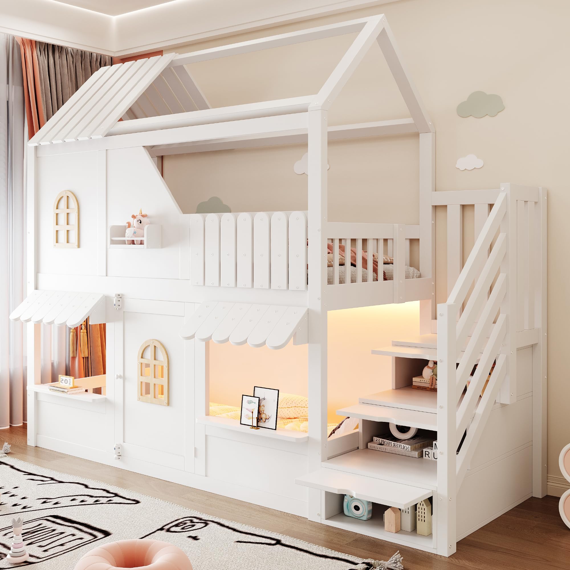 Litera infantil de 90 x 200 cm, color blanco, diseño en forma de casa con ventanas, techo, barandilla y puerta, escalera de almacenamiento y estantes, sin colchón