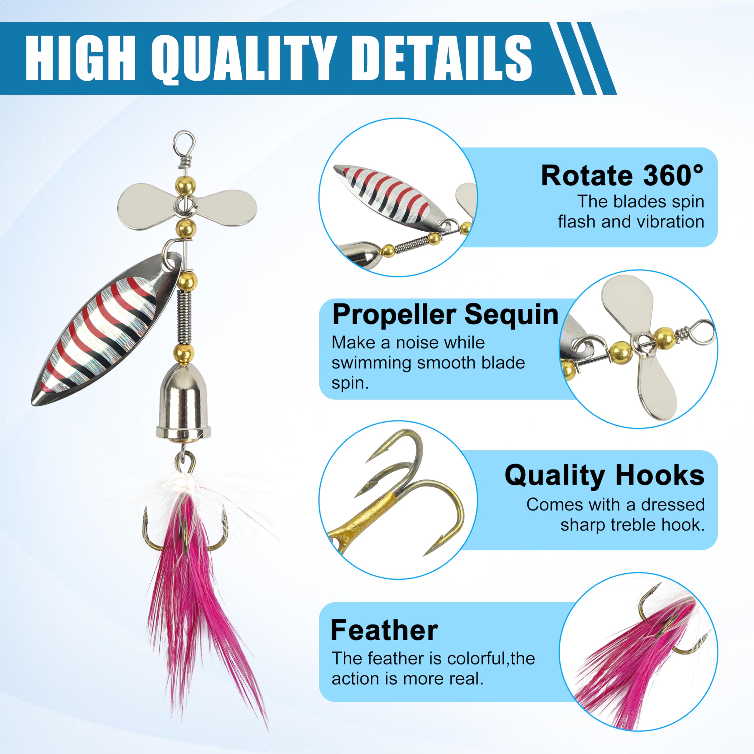 Spinnerbaits Rooster Bait Tail Fishing Lures Kit Inline Spinner Spoon Lures Bass Salmon Trout Hard Metal Spinner Baits for Saltwater Freshwater, C-5PCS