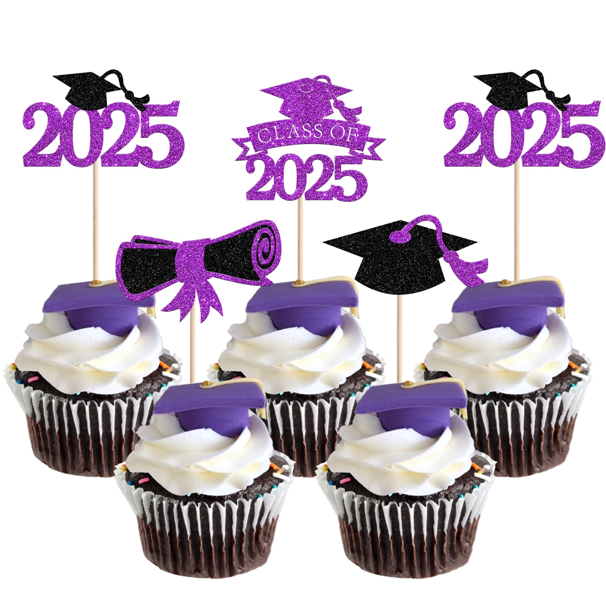 24 PCS 2025 Graduation Theme Cupcake Toppers Glitter Congrats Grad Class of 2025 Cupcake Picks Diploma Grad Cap Cupcake Decorations for 2025