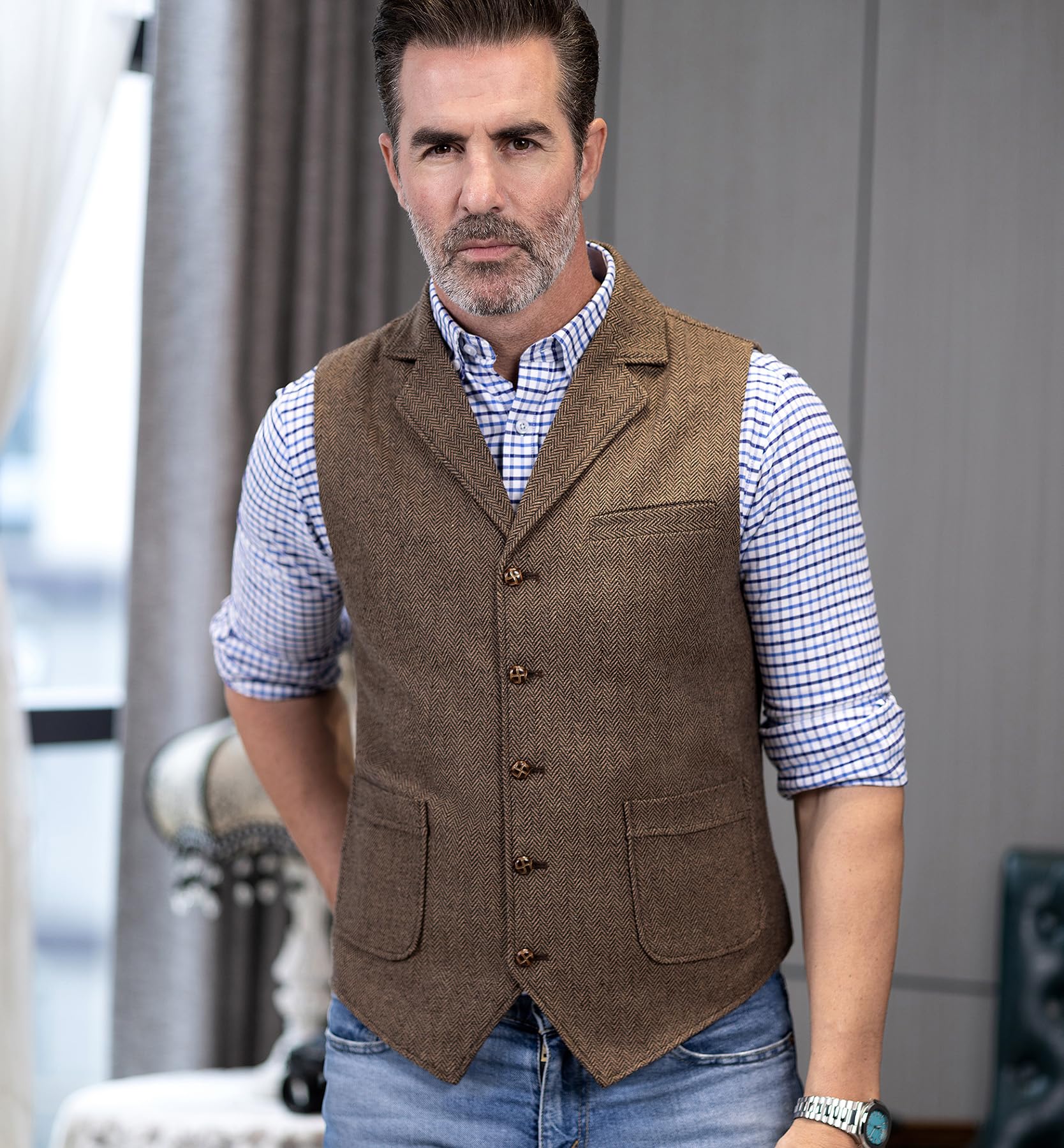Tuikayoo Męska kamizelka Western Herringbone Tweed Garnitur Wełna Slim Fit Wełna
