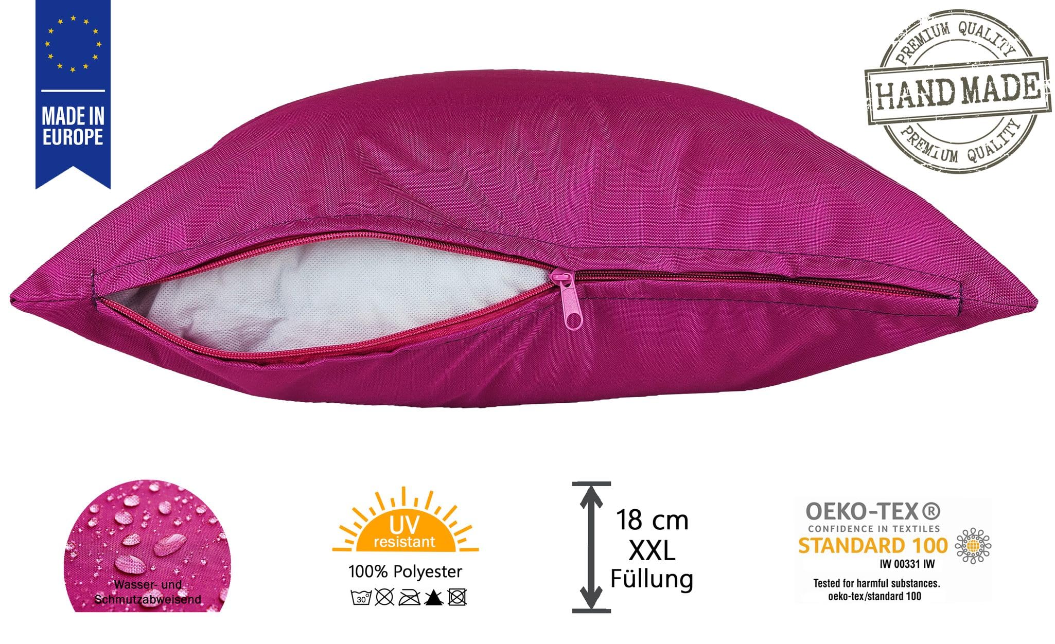 JACK 50x50cm Outdoor Lounge Kissen Dekokissen inkl. XXL-Füllung Wasserabweisend Sitzkissen Garten Stuhl Lotus Effekt, Farbe:Beere