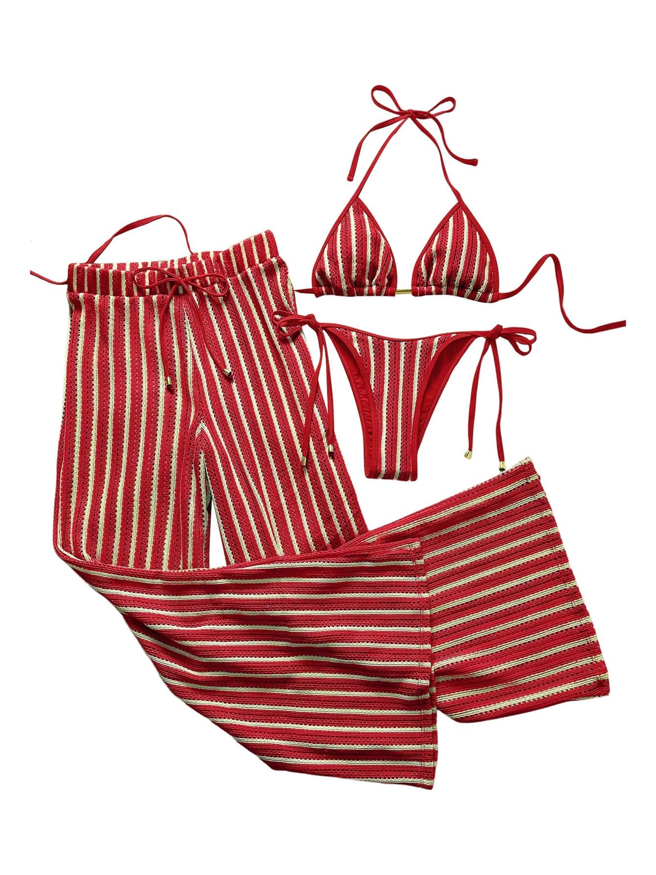 verdusa Women's 3 Piece Cheeky Striped Crochet Bikini Set Halter Tie Side Swimsuits with Cover Up Pants 2026-picture-27