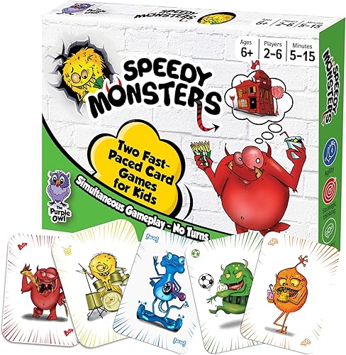 Speedy Monsters - Juegos de cartas para niños, 2 divertidos juegos de cartas de ritmo rápido para niños de 8 a 12 años. Fácil de aprender. No