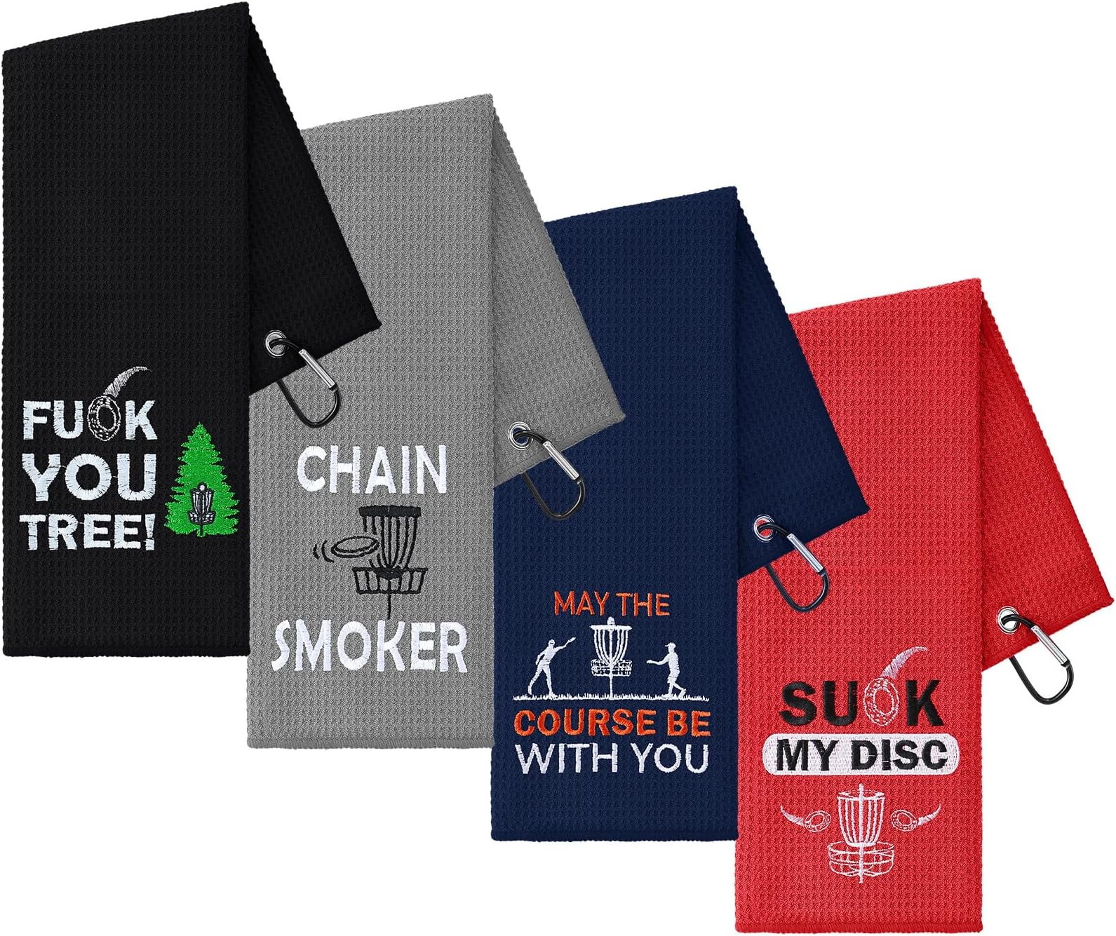 VitalCozy 4 Pcs Disc Golf Towel Embroidered Golf Towel with Clip Disc Golf Accessories Disk Golf Gifts for Men Women Disc Golfers