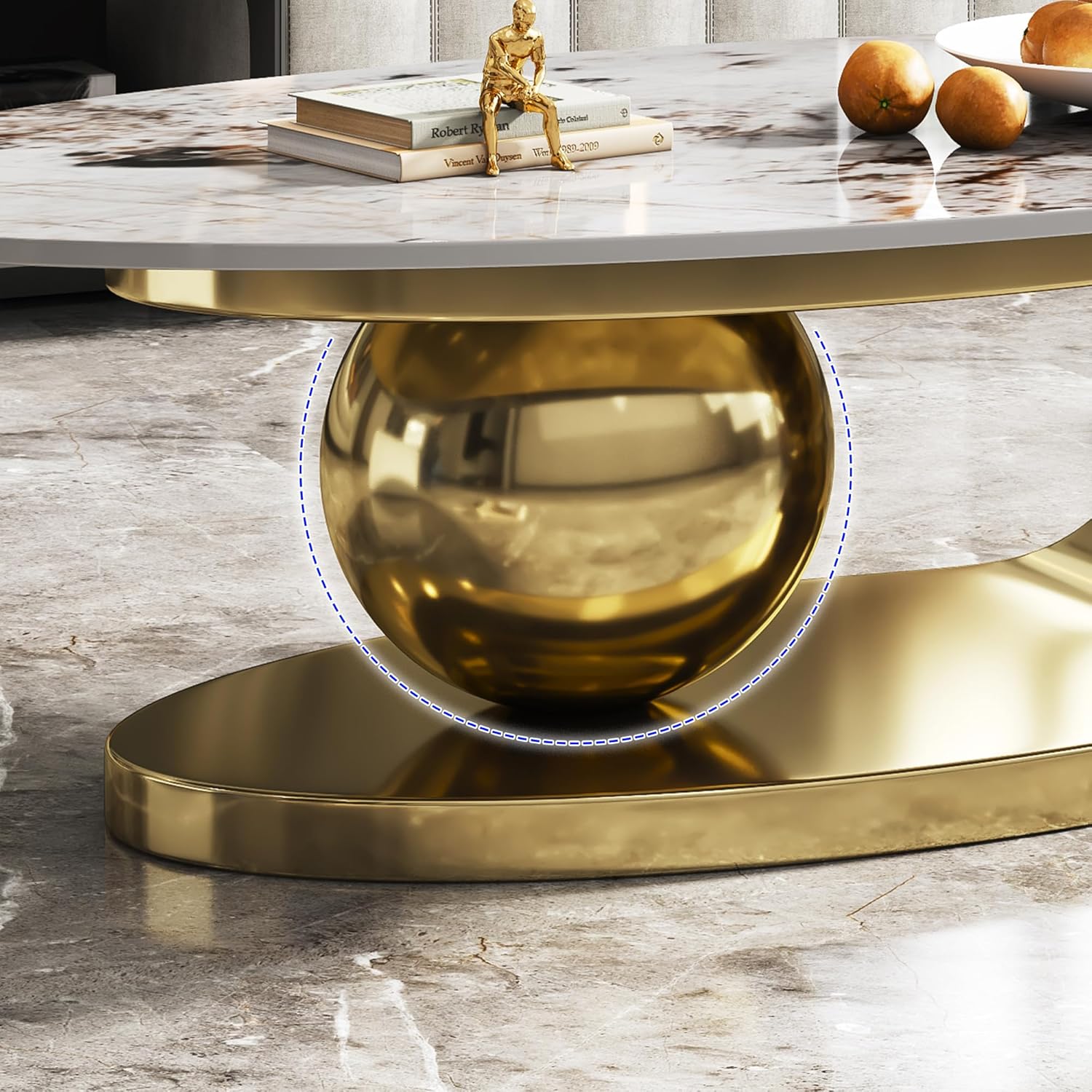 51.2" Oval Coffee Table, Modern Faux Marble Coffee Table with Sintered Stone Tabletop, Large Unique Center Table with Gold Stainless Steel Base for Living Room, Golden+White