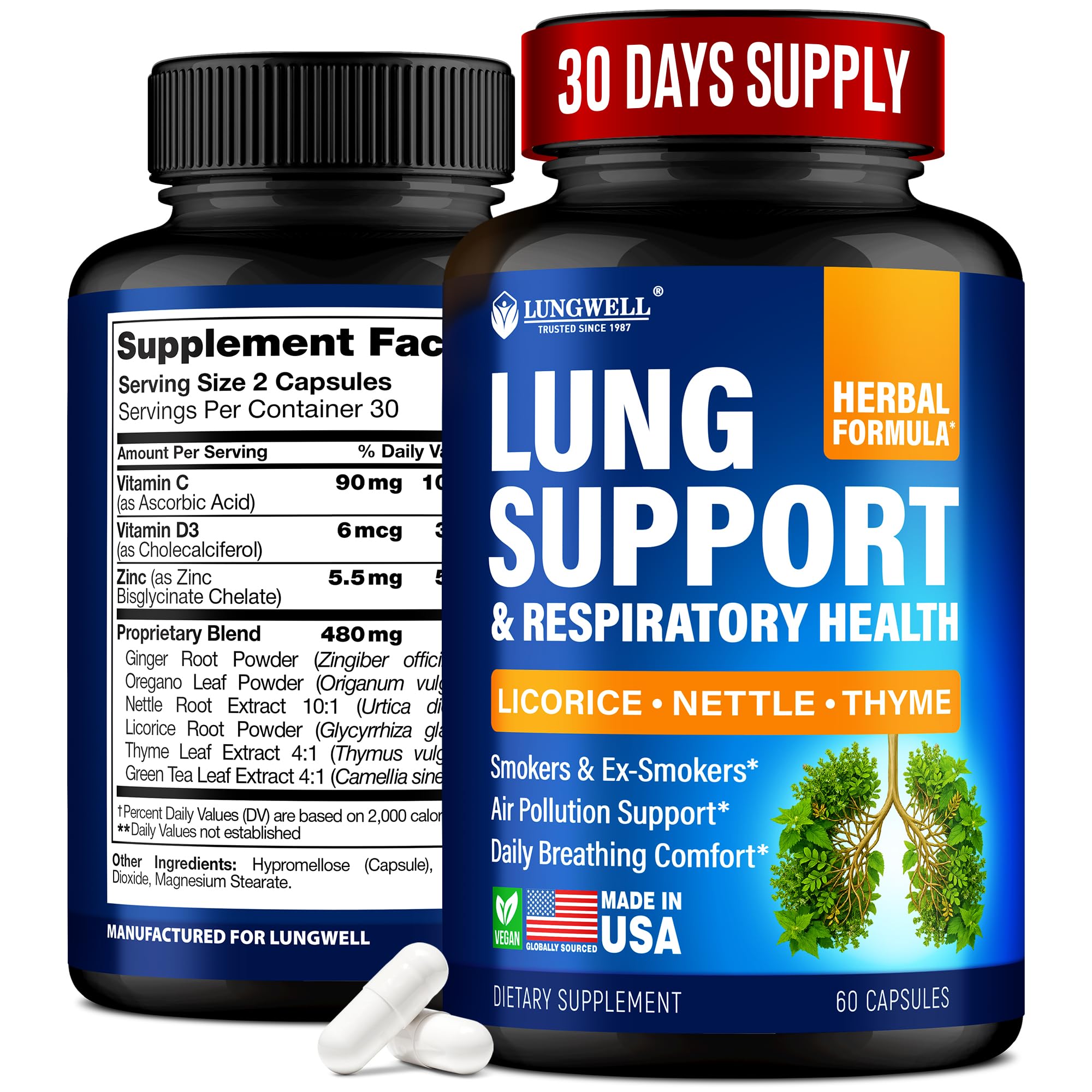 Lung & Respiratory Support* - Herbal Supplement with Nettle & Thyme, 60caps