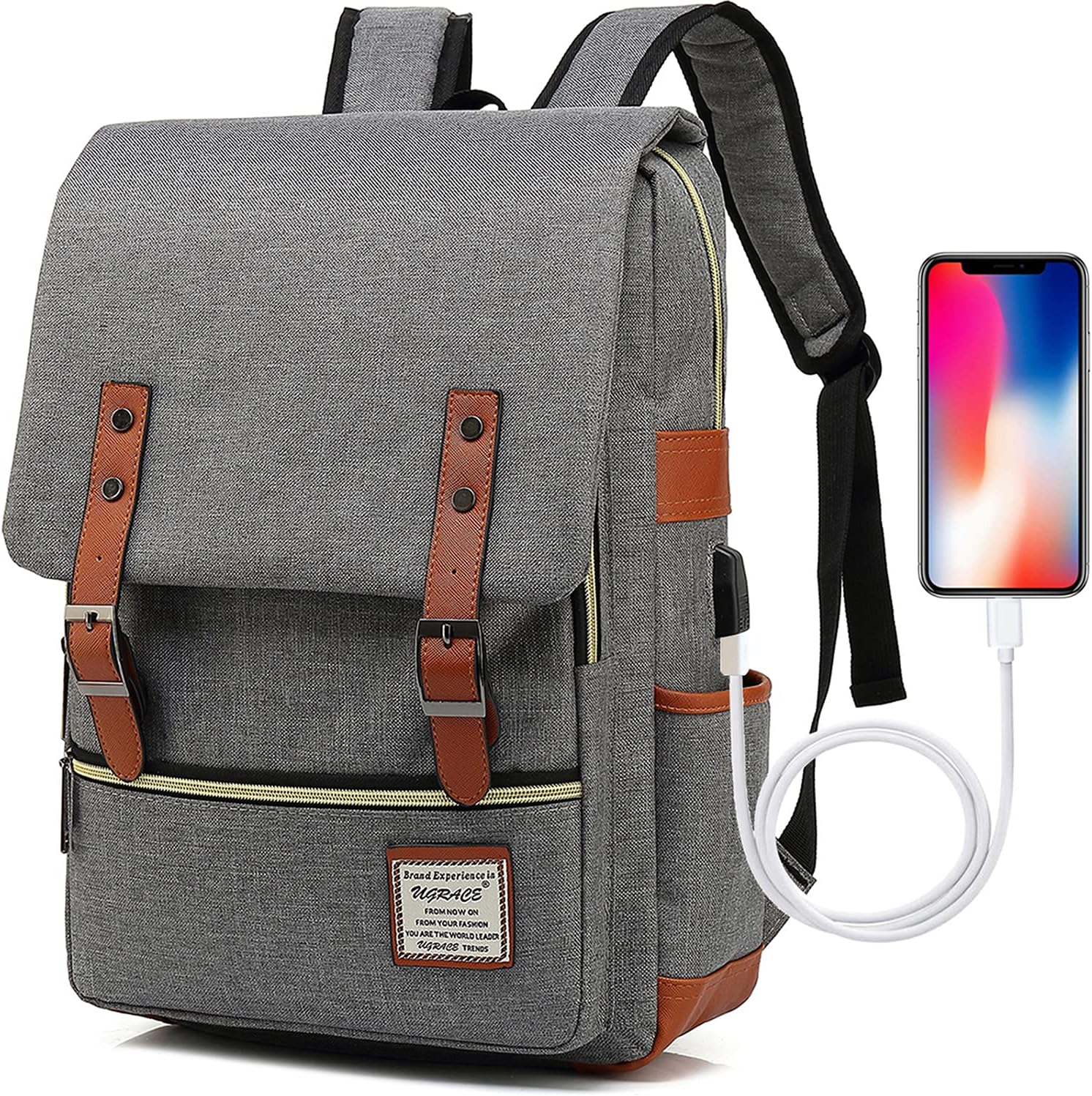 UGRACE Laptop Backpack, Grey, Unisex, 15.6" Laptop Compartment, 6 Compartments, USB Charge Port, Adjustable Shoulder Strap, PU Leather Belt