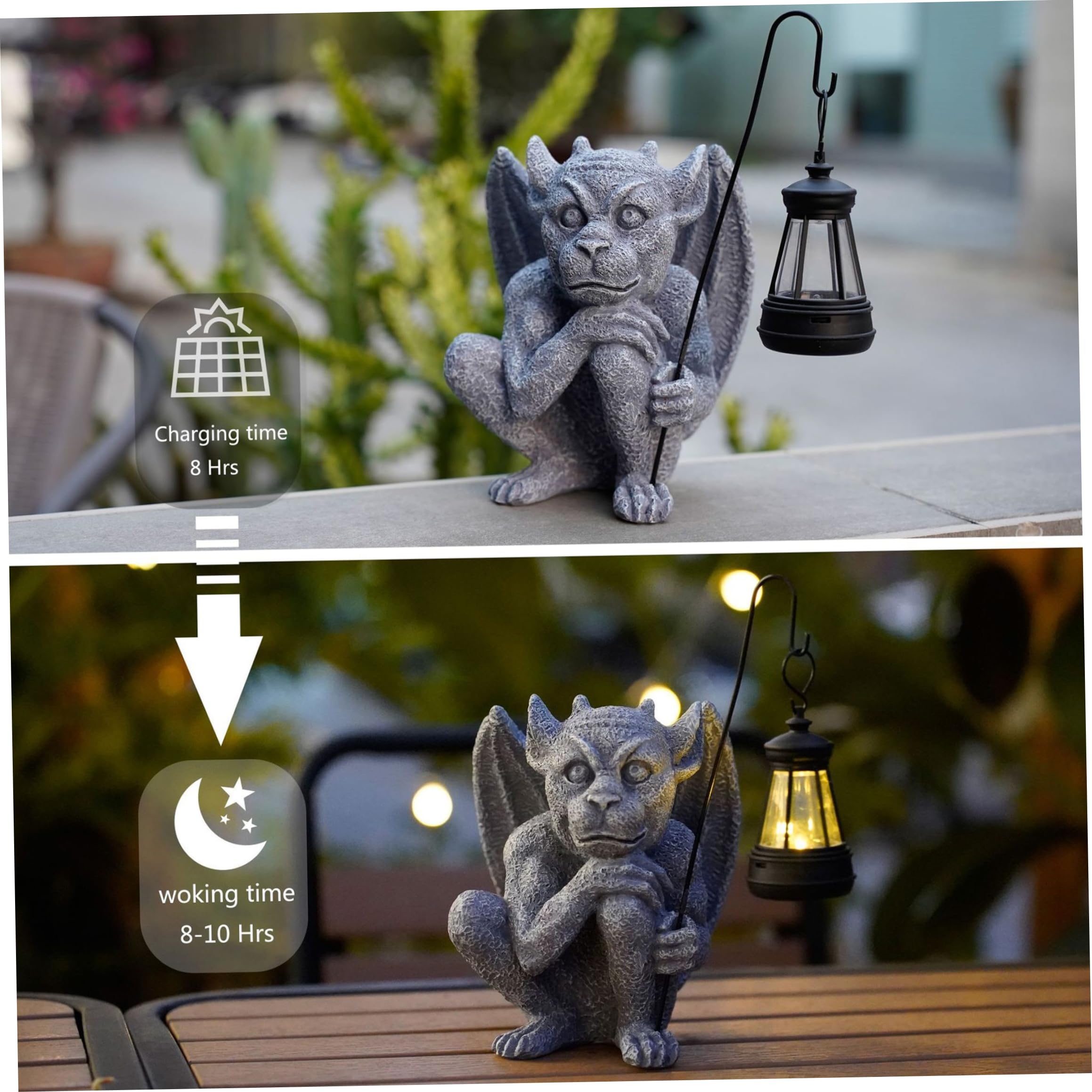 Statue da giardino solari, statue di gargoyle da esterno con LED bianco caldo, decorazioni di Halloween in resina per patio da giardino, decorazioni per esterni grigie e gotiche, solare