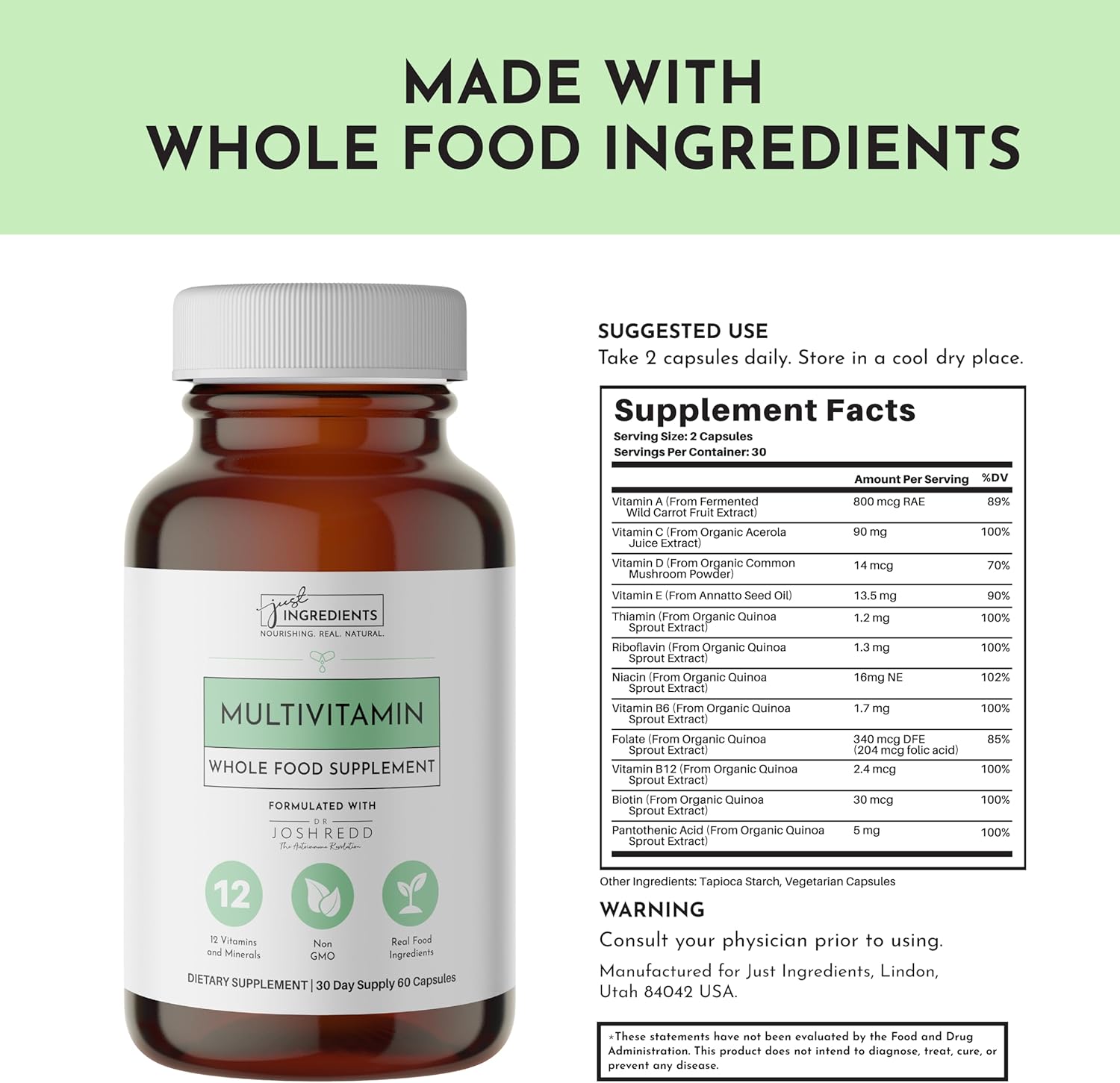 JUST INGREDIENTS Multivitamin Supplement - Plant-Based, Vegetarian Capsules, Muscle Growth, Immune Support - 60 Capsules