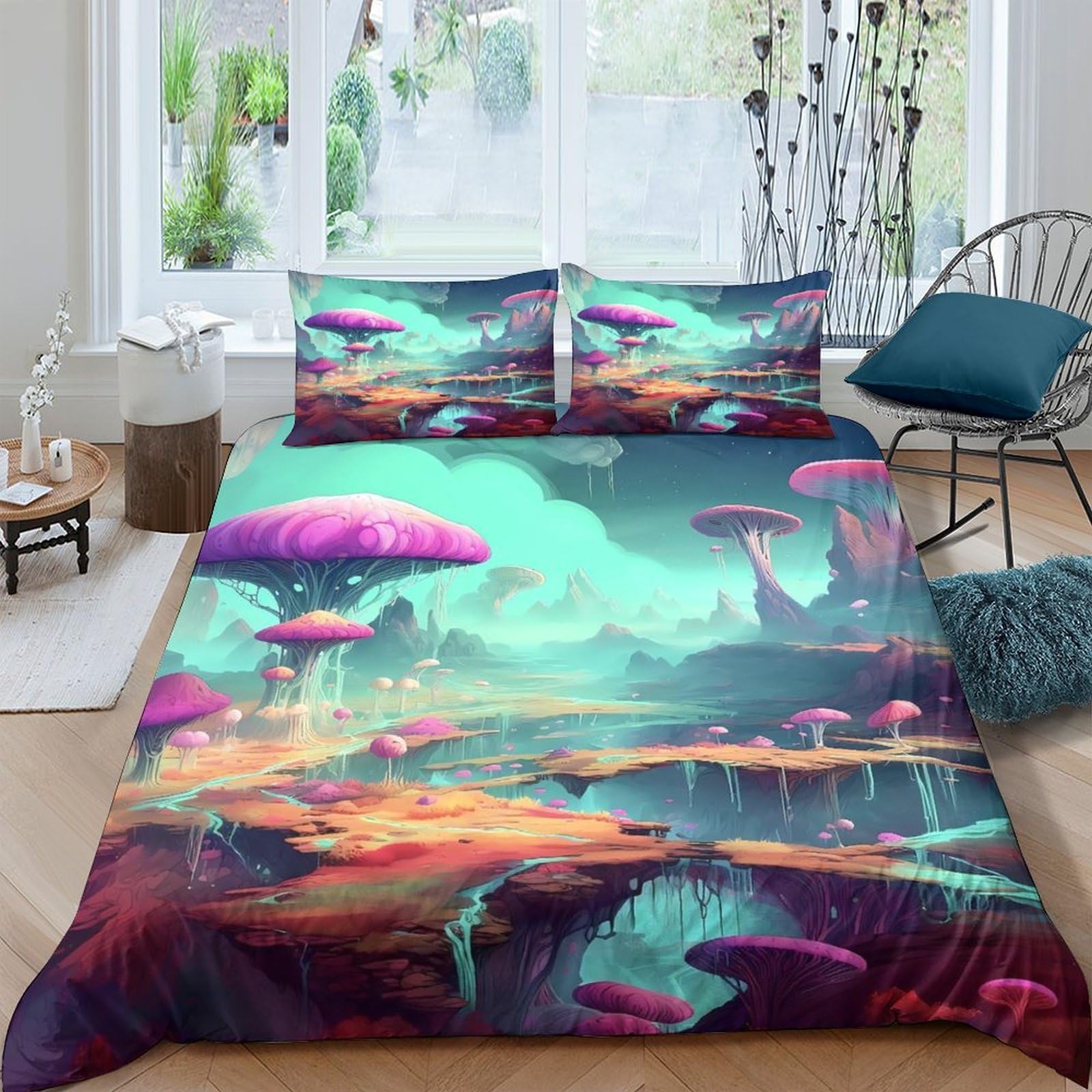 GPLZQXKJNH 3D Printed Fantasy Mushroom Forest Duvet Cover Set Microfiber Soft Breathable Dreamland Quilt Cover with 2 Pillowcases for Bedroom Decor Single（135x200cm）