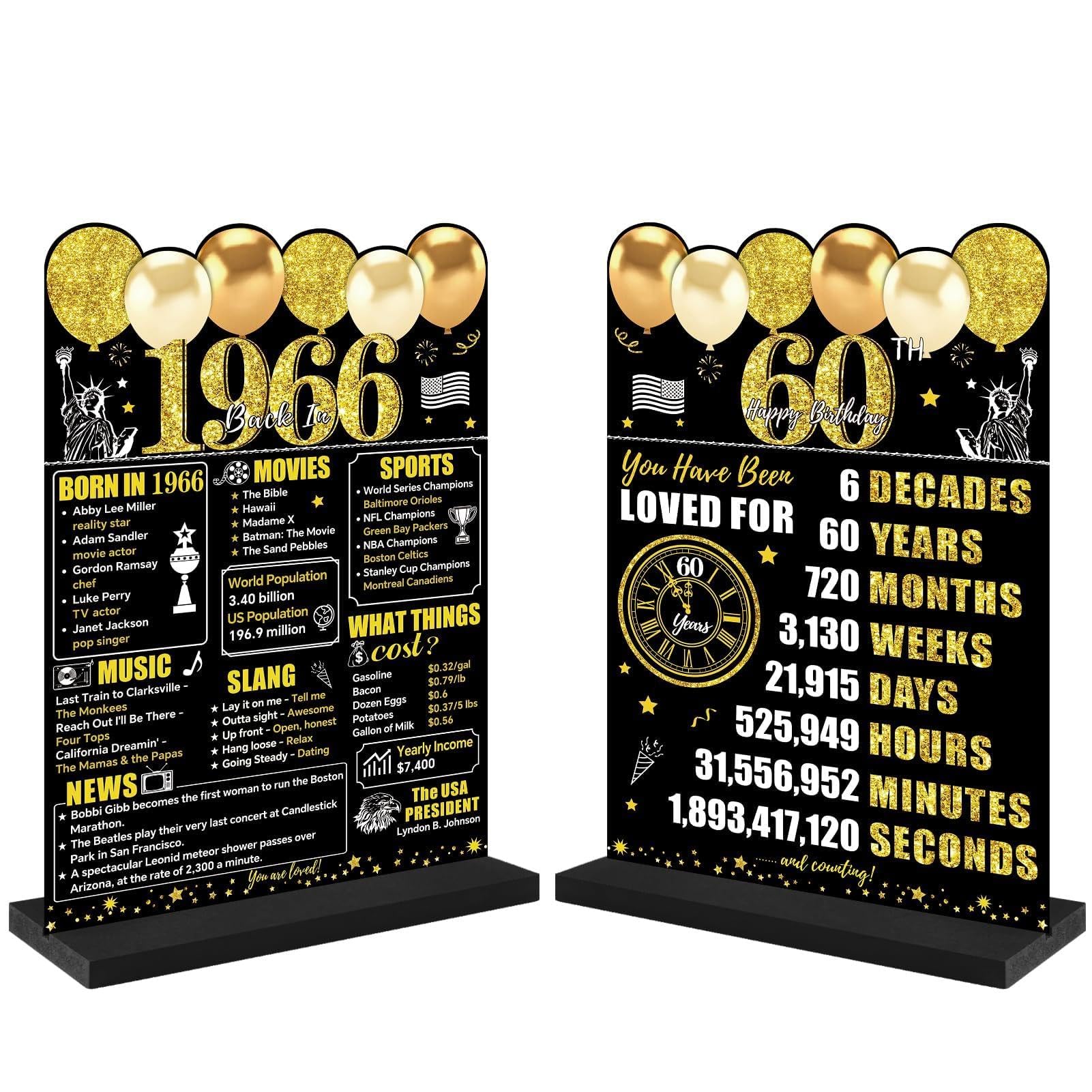 Guiruiy Black Gold 60th Birthday Decorations Gifts for Men Women, Two-Sided Vintage 60 Back in 1966 Theme Poster Wooden Table Sign with Stand, Sixty