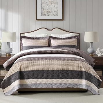 100% Cotton Queen Quilt Set - 3 Piece Farmhouse Striped Bedding, Reversible Lightweight Quilted Bedspread, Breathable Thin Comforter, All Season, Brown/Beige