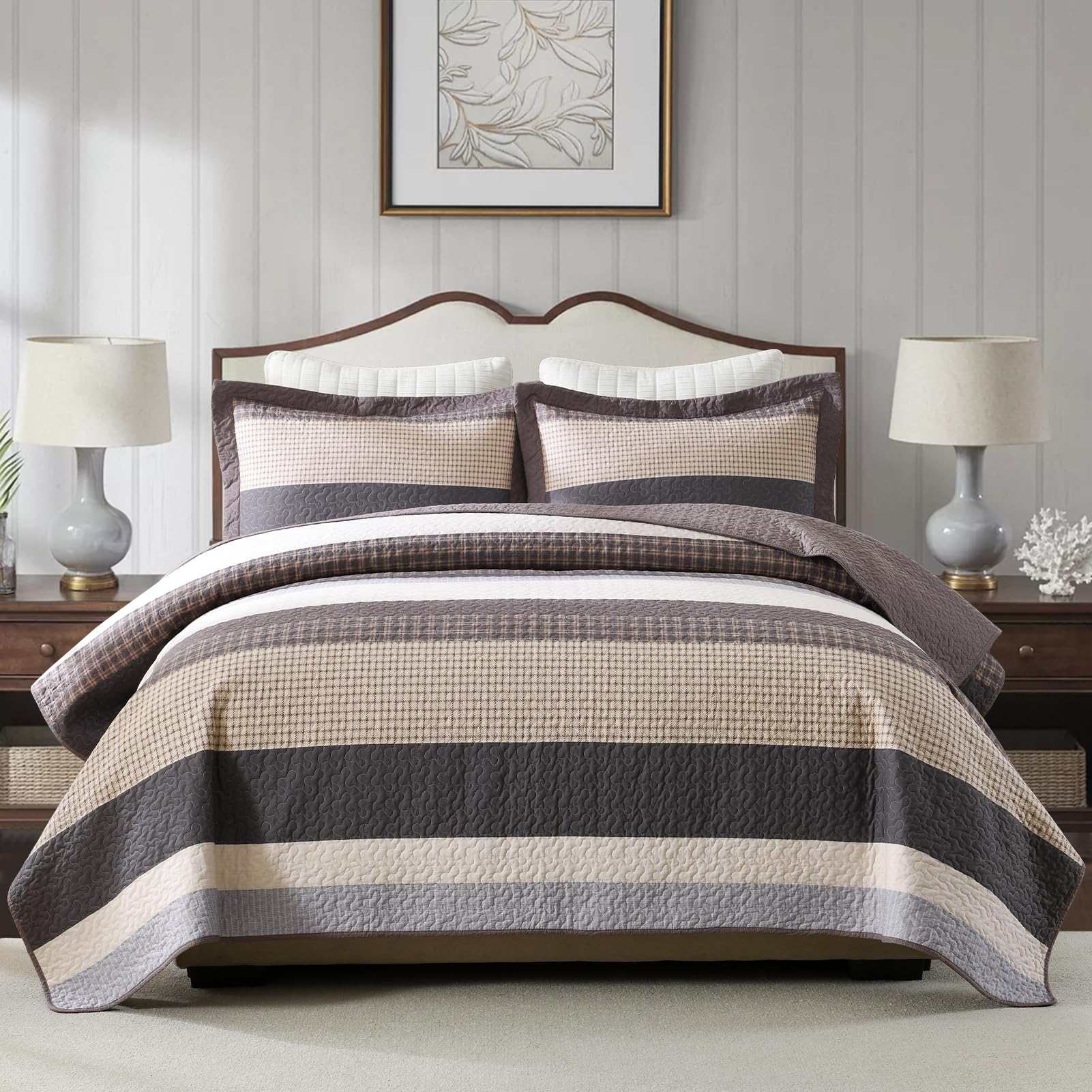Photo 1 of FineStichery 100% Cotton Queen Quilt Set - 3 Piece Farmhouse Striped Bedding, Reversible Lightweight Quilted Bedspread, Breathable Thin Comforter, All Season, Brown/Beige