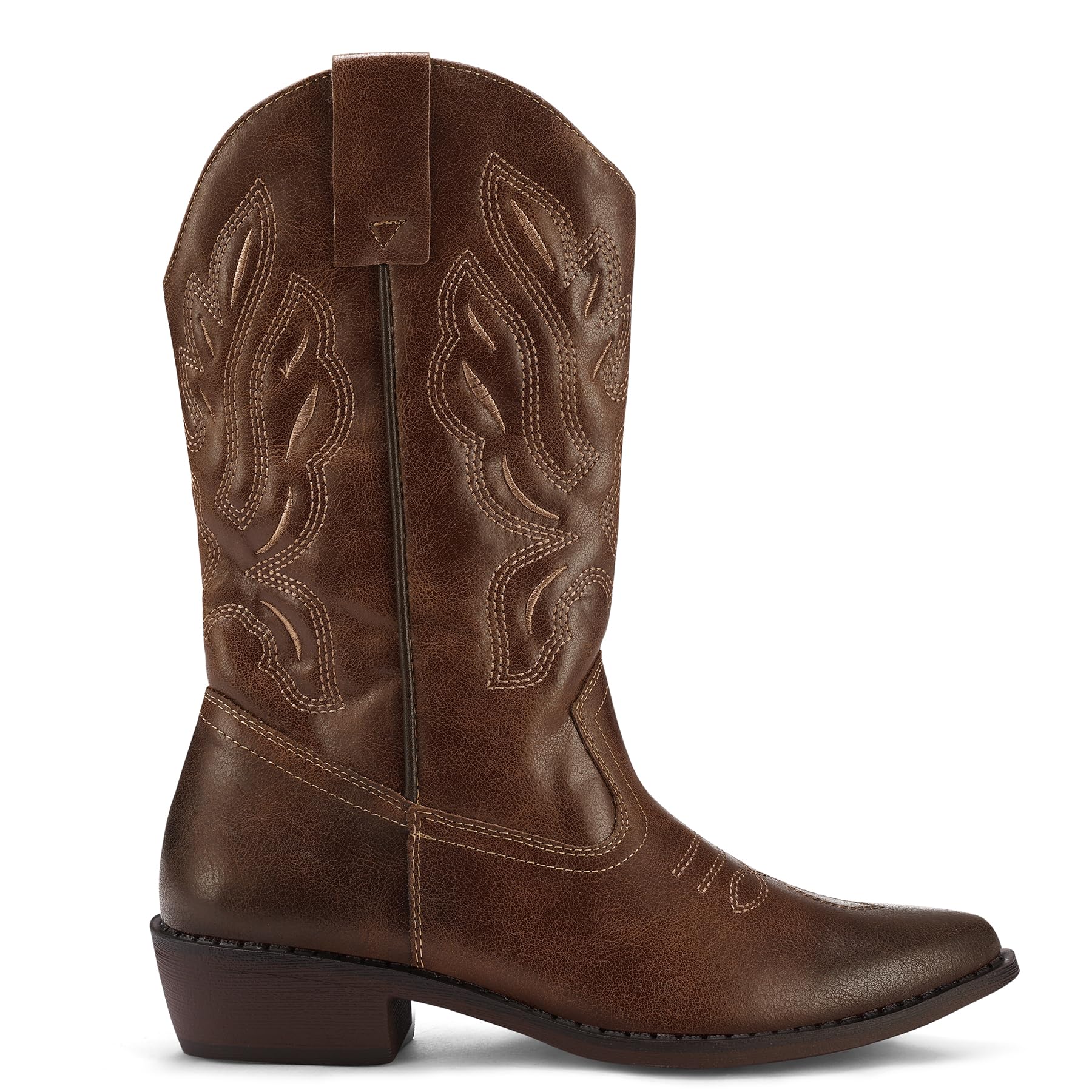 mysoft Damen Cowboystiefel mit breiter Wade, zum Überziehen, mittelhohe Wade, bestickt, spitzer Zehenbereich, Retro-Westernstiefel