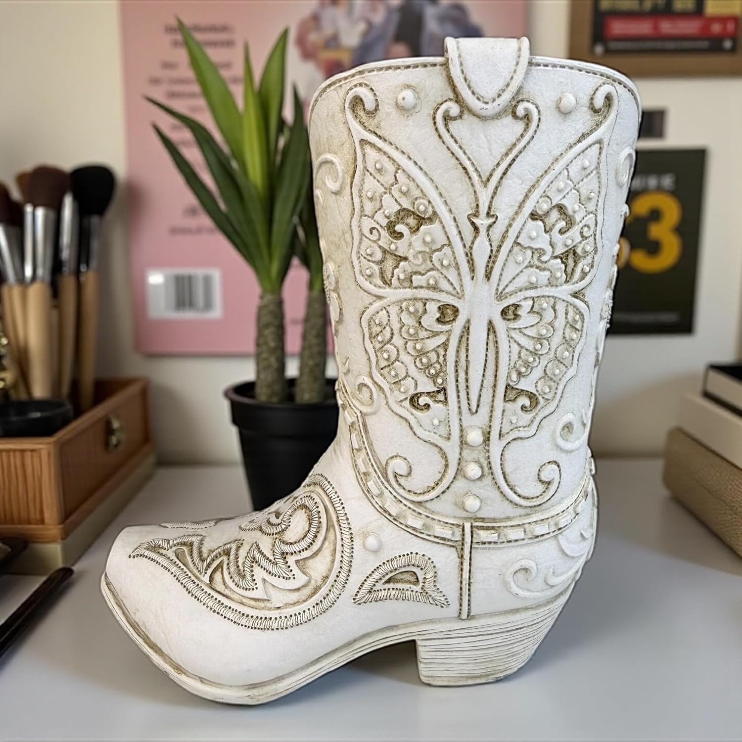 Top Brass Butterfly Boot Vase – Resin Cowboy/Cowgirl Boot Decor - Antique White Finish, Tooled Leather Look, Protective Pads, Modern Rustic Western Flower Holder, 7” Tall