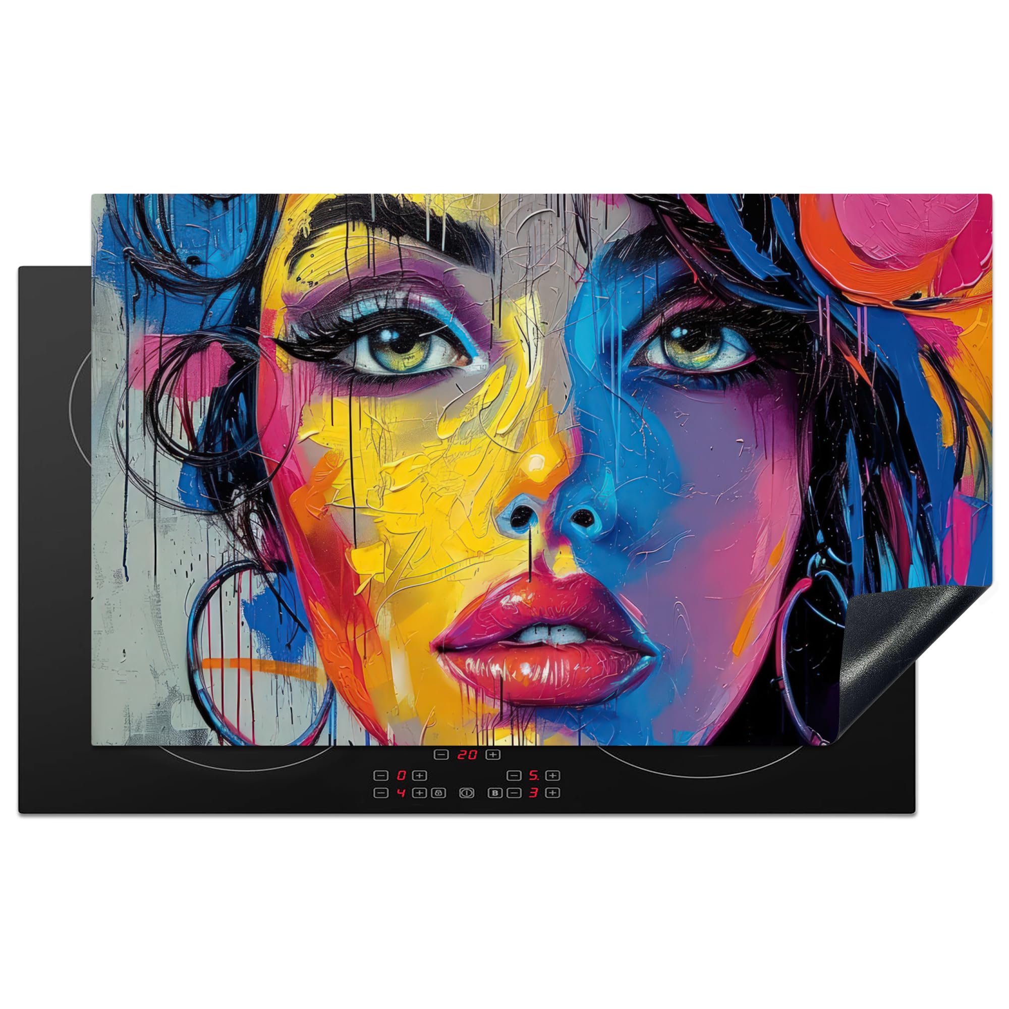 KitchenYeah© Induction Hob Protector Mat 20.3"x32.7" / 83x51.5 cm Cooker Top Protectors Cover Ceramic Covers Electric Hobs Vinyl Graffiti - Woman - Colourful - Street Art - Pop Art — image 1