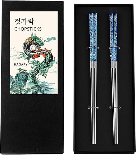 Miniatura 7 de Hagary Palillos de dragón de metal reutilizables diseñados en Corea, estilo japonés, acero inoxidable 316 1810, antideslizantes, 2 pares, aptos para