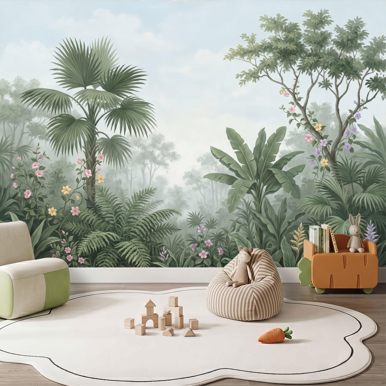 Natur Tropischer Stil Fototapete Vliestapete, 400 x 280 cm Tapete Panorama, Tropischer Dschungel Palmblätter Bananenblätter Ranken Tapeten Wanddeko für Wohnzimmer Flur, Dunkelgrün Nicht Selbstklebend
