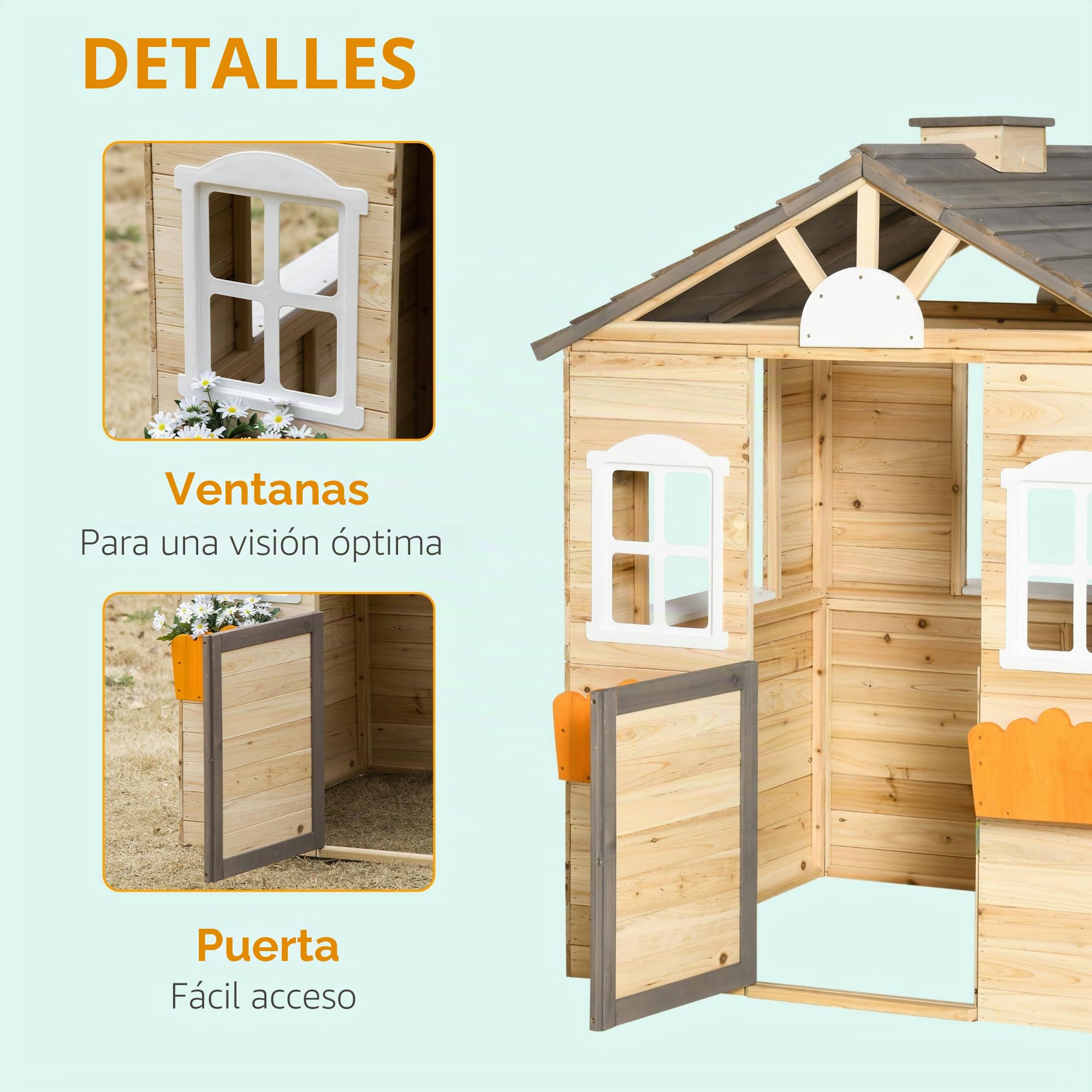 Outsunny Casa de Jardín Infantil de Madera Casa de Juegos Exterior para Niños de 3-7 Años con Ventanas 2 Jardineras y 1 Banco 113x94x134,5 cm Natural