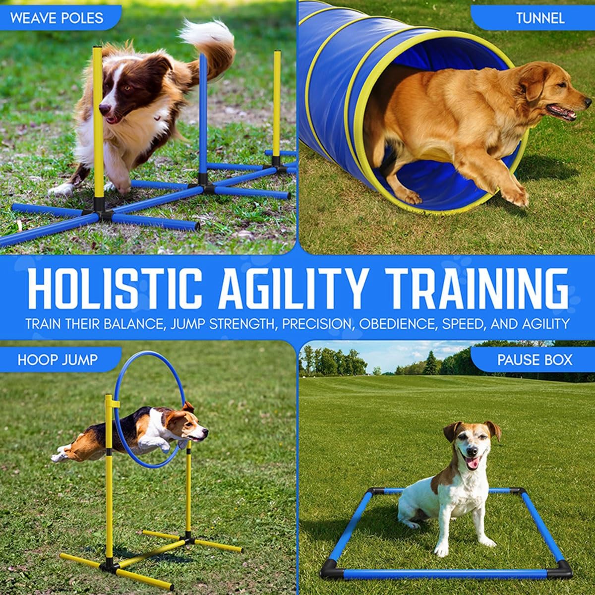 Hunde-Agility-Trainingsgeräte-Set, Hunde-Agility-Hindernistrainingskurse-Kit mit Hundetunnel, Agility-Webstangen, verstellbare Hürden