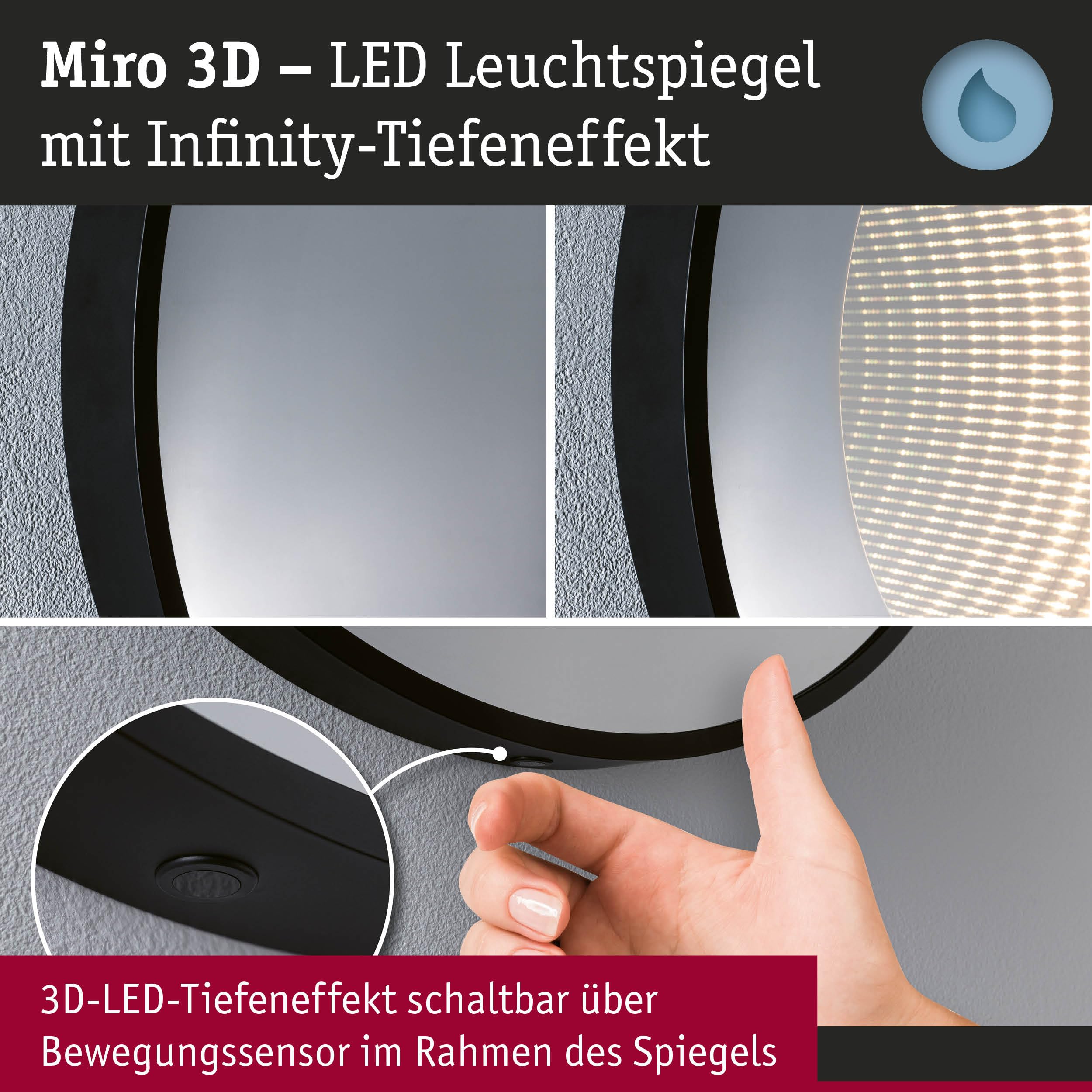Paulmann 79561 LED Leuchtspiegel Miro IP44 Tunable White 70lm 230V 11,5W Spiegel, Schwarz matt