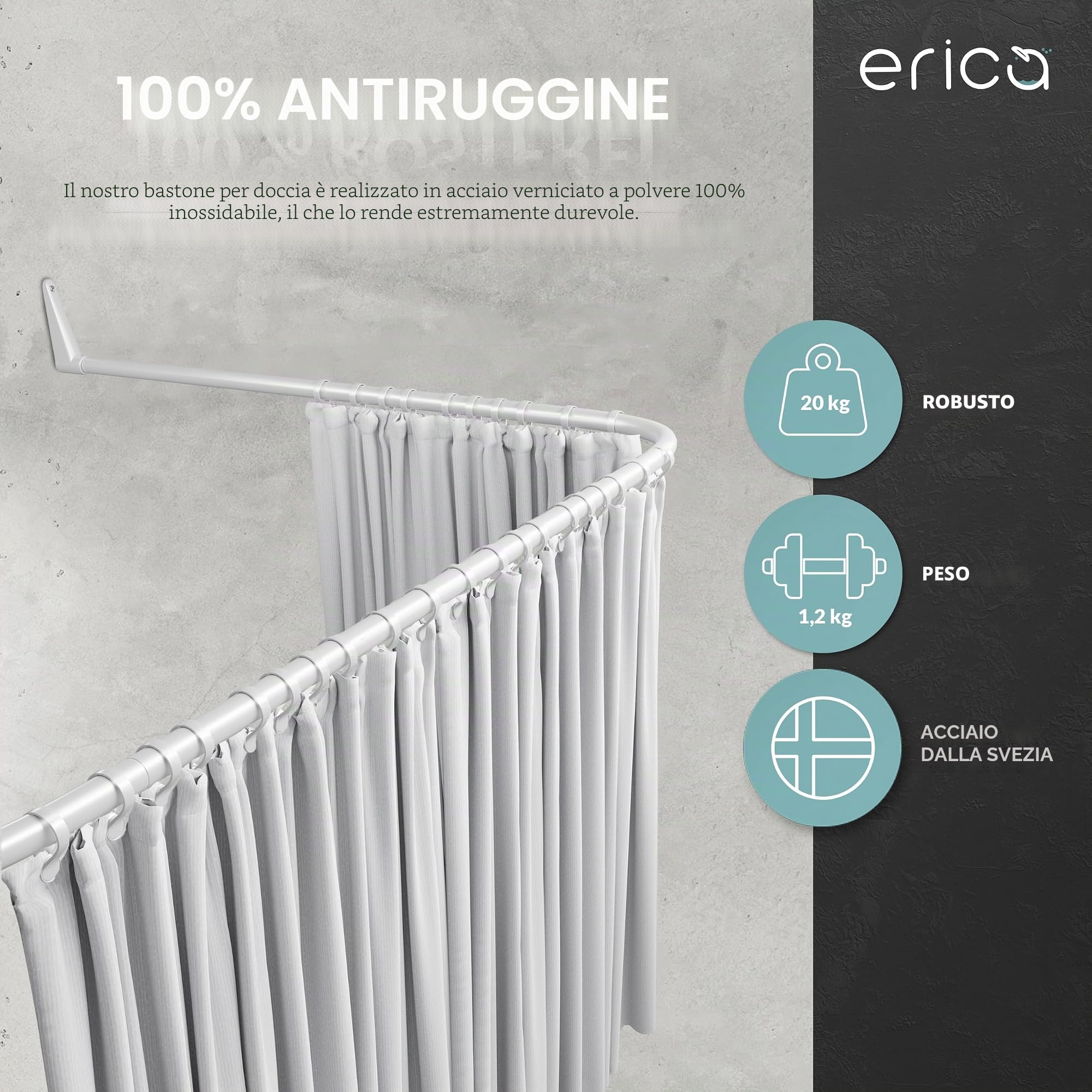 Erica Asta Tenda Doccia 85x95x85 cm, Tubo Tenda Doccia a Muro Senza Fissaggio Soffitto – Rivestimento in Plastica Senza PVC, Bastone per Tenda Doccia 100% Acciaio Inox. Bianco.