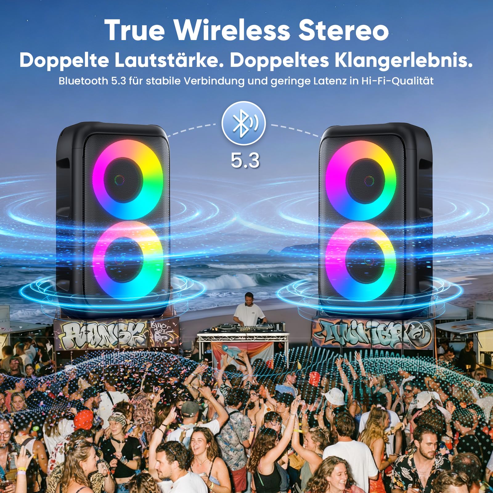 Musikbox Bluetooth Groß mit 2 Mikrofonen, tragbarer 3-in-1 Bluetooth Lautsprecher, Partybox Bluetooth mit Licht, Party-Lautsprecher Outdoor Indoor, Außenlautsprecher für TV, Smartphone und Tablet