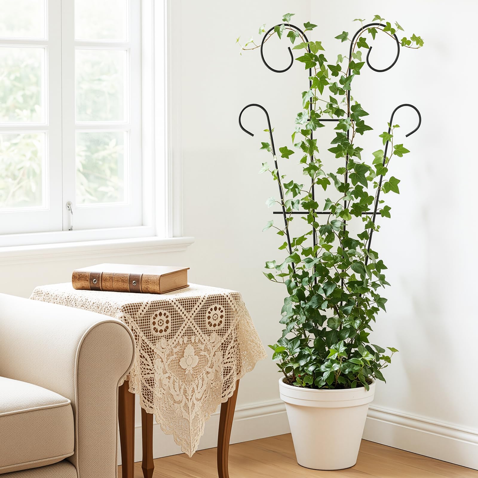 Thealyn Lot de 4 treillis de plantes d'intérieur pour plantes grimpantes en pot, treillis de jardin en métal pour plantes d'intérieur, fleurs de lierre, forme de vague, noir (109 cm)