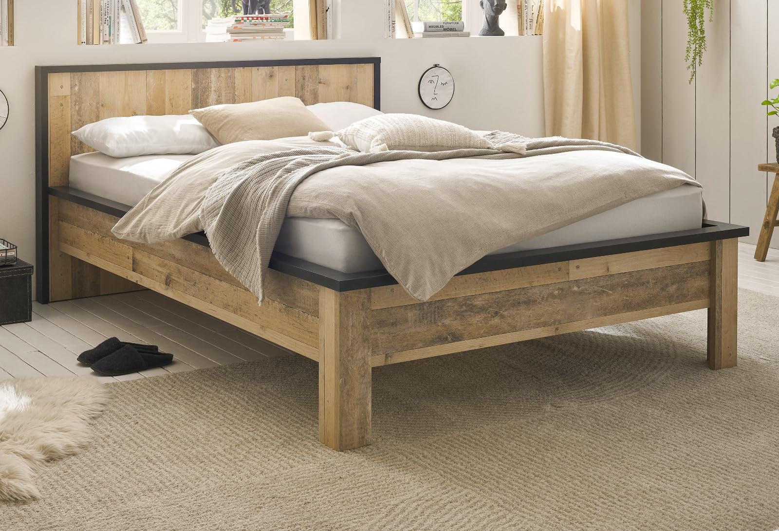 Schlafzimmer Set in Used Wood hell Holz und grau/anthrazit mit Einzelbett Liegefläche 140 x 200 cm und 2X Nachttisch Schlafzimmermöbel Kombination 2-teilig Stove (Set 2)
