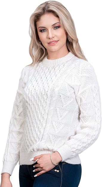 Classic Irish Aran Sweater, Alpaca Wool, Hand-Knitted Crewneck Pullover with Cable, Honeycomb Nordic Pattern