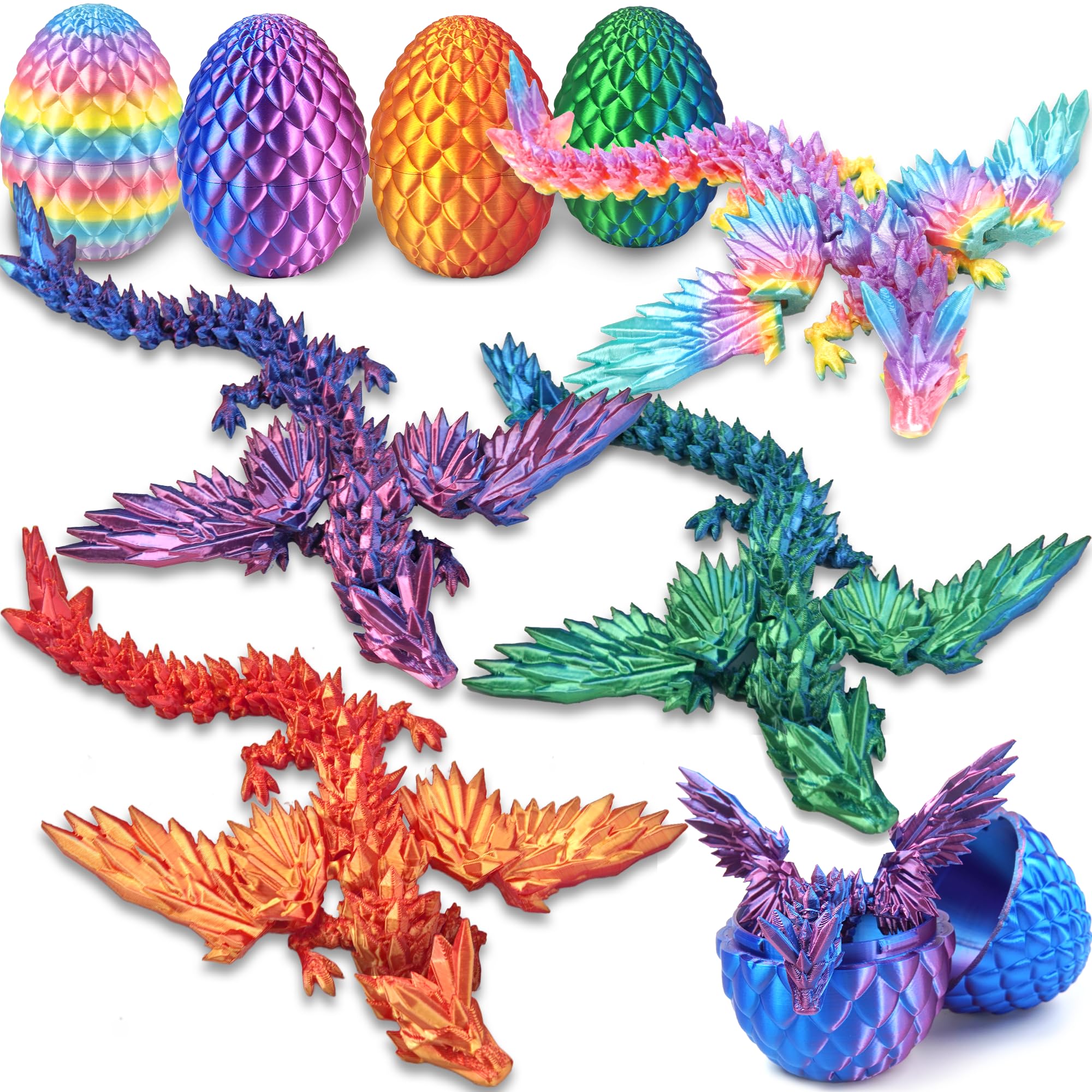 4PC 3D Printed Dragon Eggs with Wings for Kids Fidget Classroom Decor Treasure Box Goodie Bag Fillers Birthday Gifts Party Favors Winged Dragon Dinosaur Toy Office Desk Decoration for Adult Teen Boys
