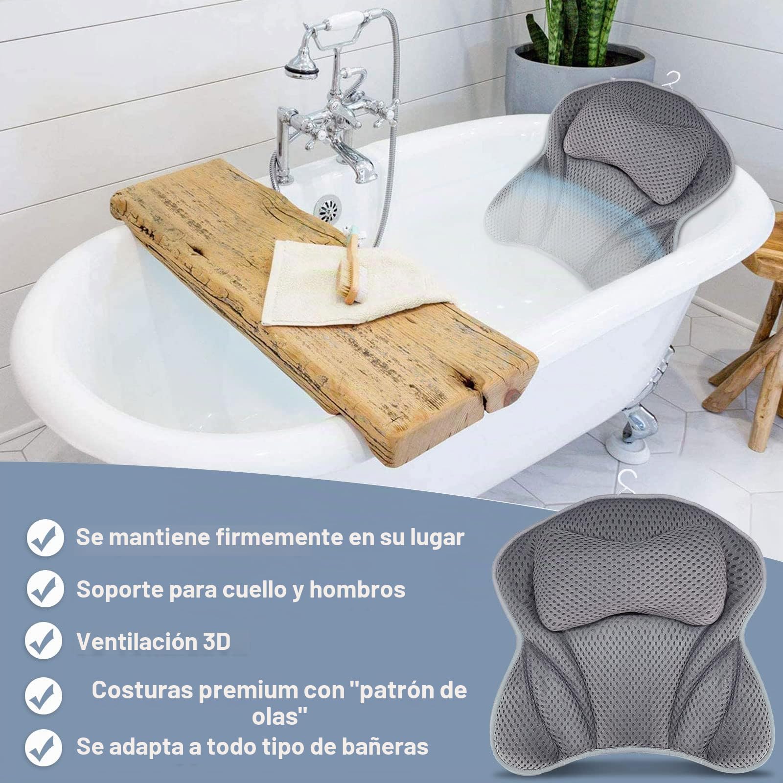 Amzeeniu Almohada de Baño,Nuevo Cojín de Bañocon 6 Ventosas Antideslizantes Tecnología4D Air Mesh Cuello,Hombros y Espalda Soporte para Cabeza para SPA en Casa Bañera de Hidromasaje e Hidromasaje Gris