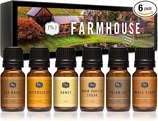 P&J Fragrance Oil Farmhouse Set | Old Books, Butterscotch, Honey, Warm Vanilla Sugar, Pecan Pie, Maple Syrup Candle Scents for Candle Making, Freshie Scents, Soap Making Supplies