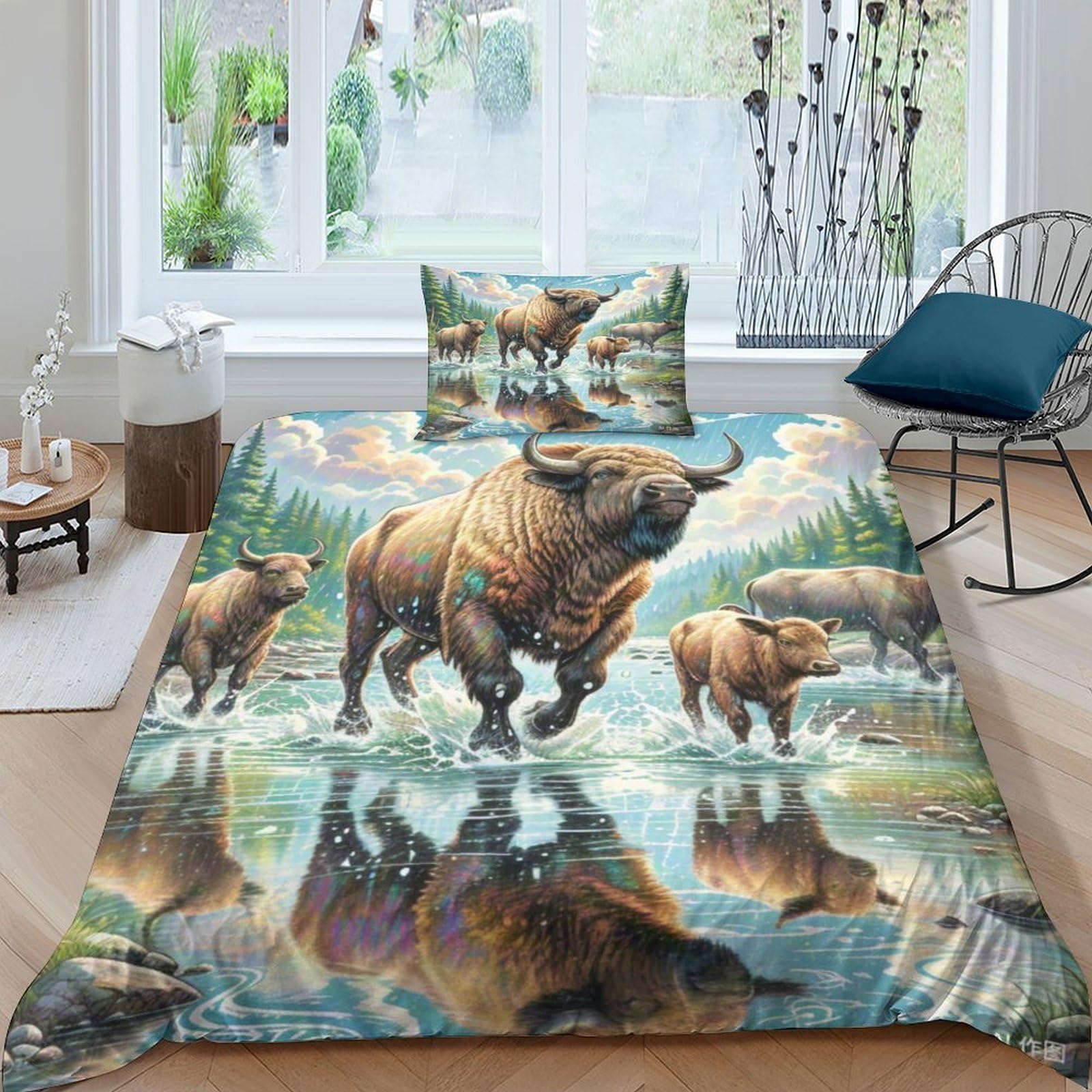 Parure de lit bison américain impression 3D relief avec housse de couette zippée 135x200