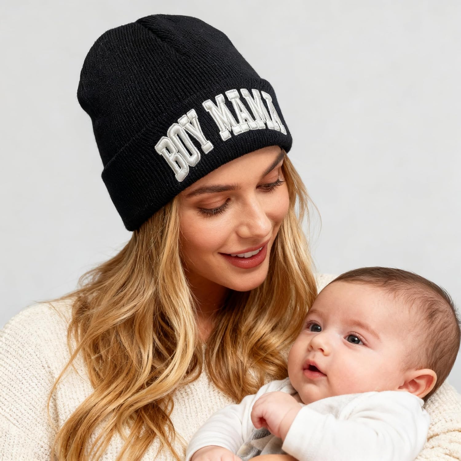 Boy Mama for Women,Mama Cuffed Thick Knitted Unisex Winter Hat Beanies Skull Cap Black - Image 3