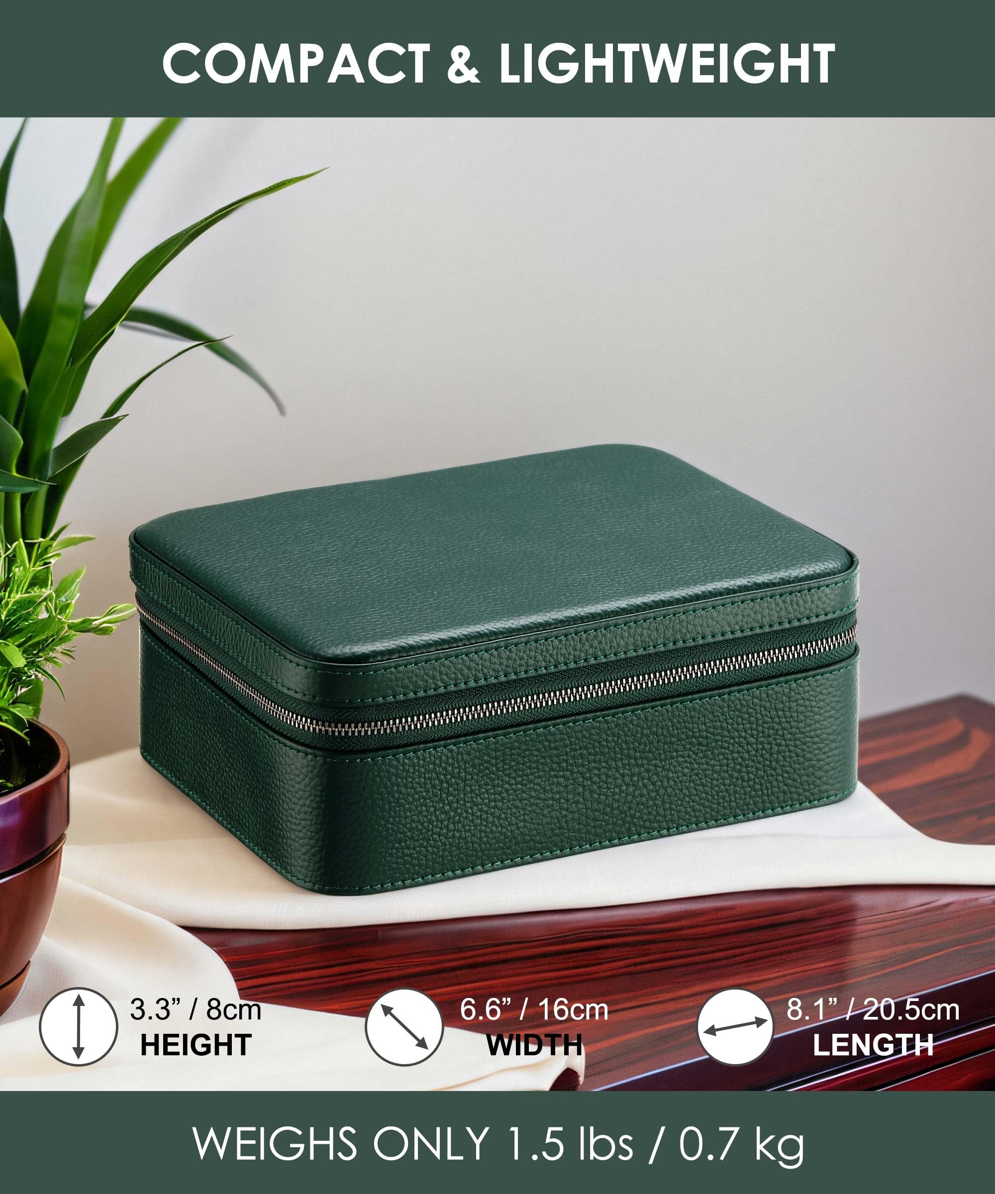 Caja de cuero auténtico para hombre, estuche de viaje con compartimento para gafas, bolsa de transporte de piel auténtica granulada para 3 relojes, rollo de viaje, cremallera (verde)