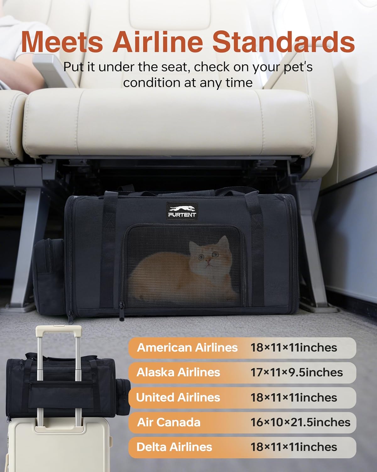 17x11x9.5 Pet Carrier Airline Approved, Cat Carrier with Litter Box, Soft Sided Cat Dog Carrier Up to 15 lbs, Breathable Travel Pet Carrier with Calming Curtain, Storage Bag & Poop Dispenser, Black