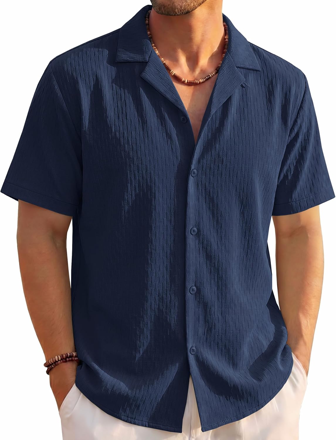 EKLENTSON Mens Button Down Shirt Short Sleeve Textured Cuban Shirts Lightweight Breathable Summer Beach Casual Shirt