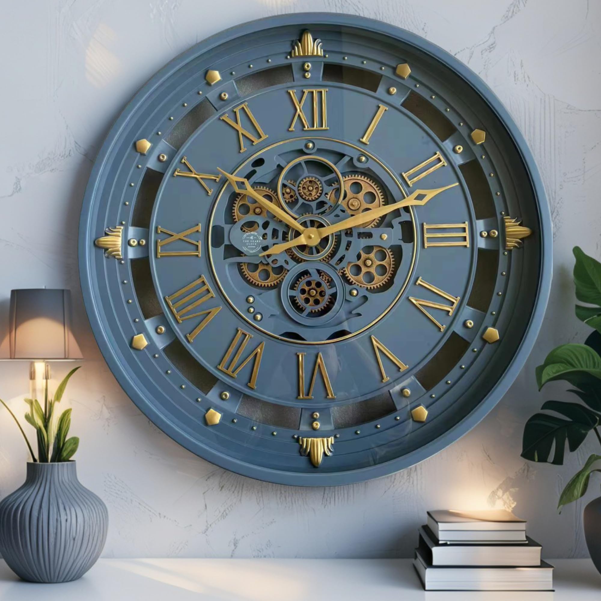The Gears Clock Wanduhr 26 Zoll mit echten beweglichen Zahnrädern, Belgische Linie mit Glasabdeckung, Grau, 66 cm