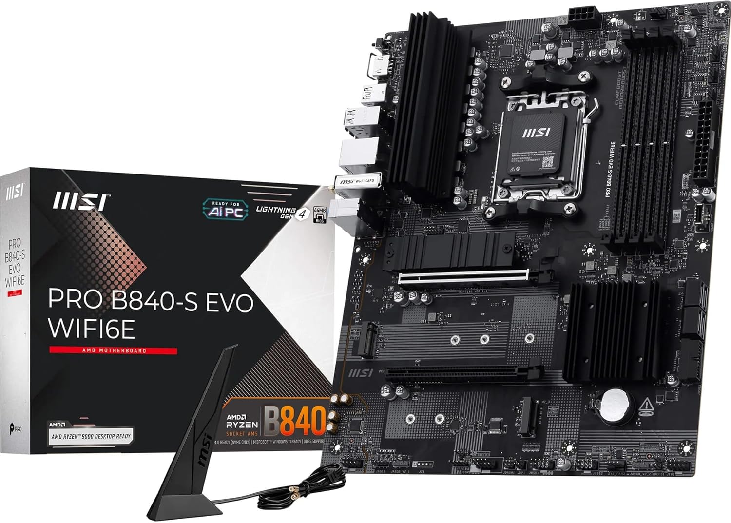 MSI PRO B840-S EVO WIFI6E Motherboard, ATX - Supports AMD Ryzen 9000/8000 / 7000 Processors, AM5 - DDR5 Memory Boost (up to 8000+ MT/s OC), PCIe 4.0 x16, M.2 Gen4, Wi-Fi 6E, 2.5G LAN