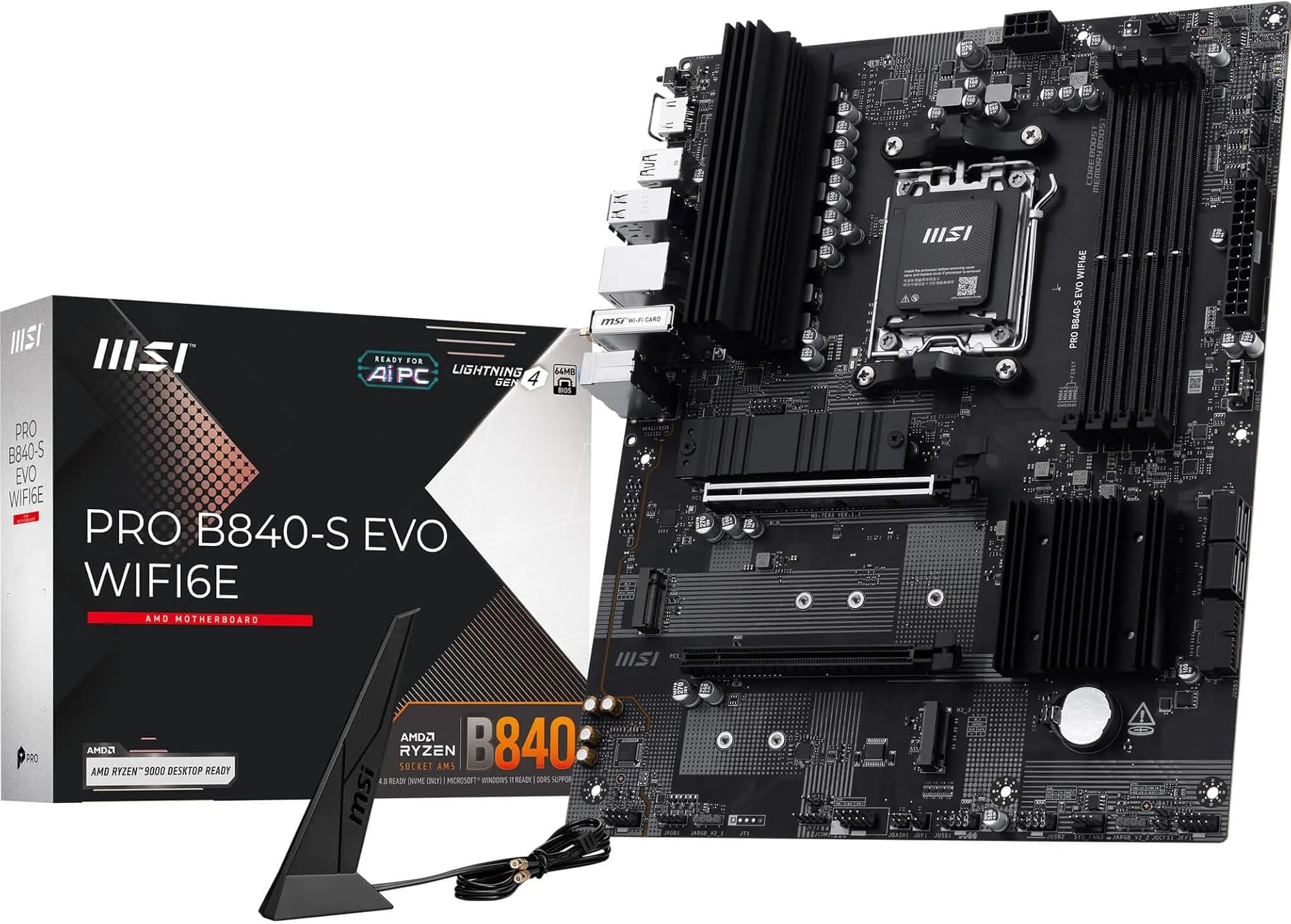 MSI PRO B840-S EVO WIFI6E Motherboard, ATX - Supports AMD Ryzen 9000/8000 / 7000 Processors, AM5 - DDR5 Memory Boost (up to 8000+ MT/s OC), PCIe 4.0 x16, M.2 Gen4, Wi-Fi 6E, 2.5G LAN