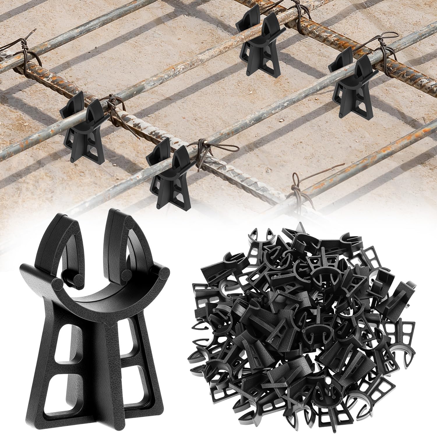 QWORK Plastic Snap Rebar Chairs, 100Pcs 1-3/16" Elevation for #3-#5 Rebar with Cross-Shaped Stability, Anti-Rust Polypropylene Construction