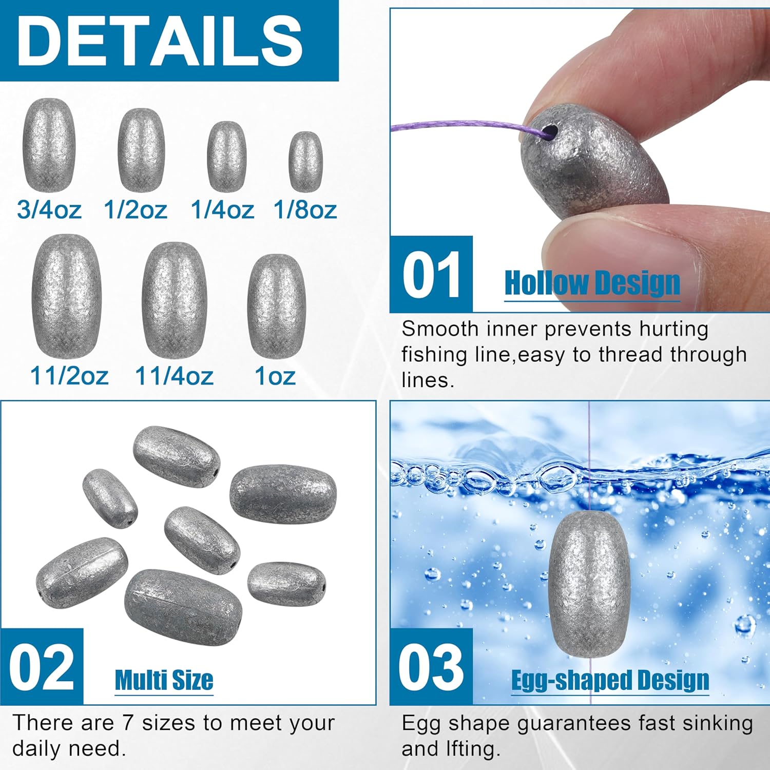 Egg Sinkers Fishing Weights Oval Shaped Fishing Weights Sinker Sliding Sinkers for Fishing Line Bass Casting Sinker Worm Weight Catfish Weights Fishing Sinkers for Saltwater Freshwater Fishing